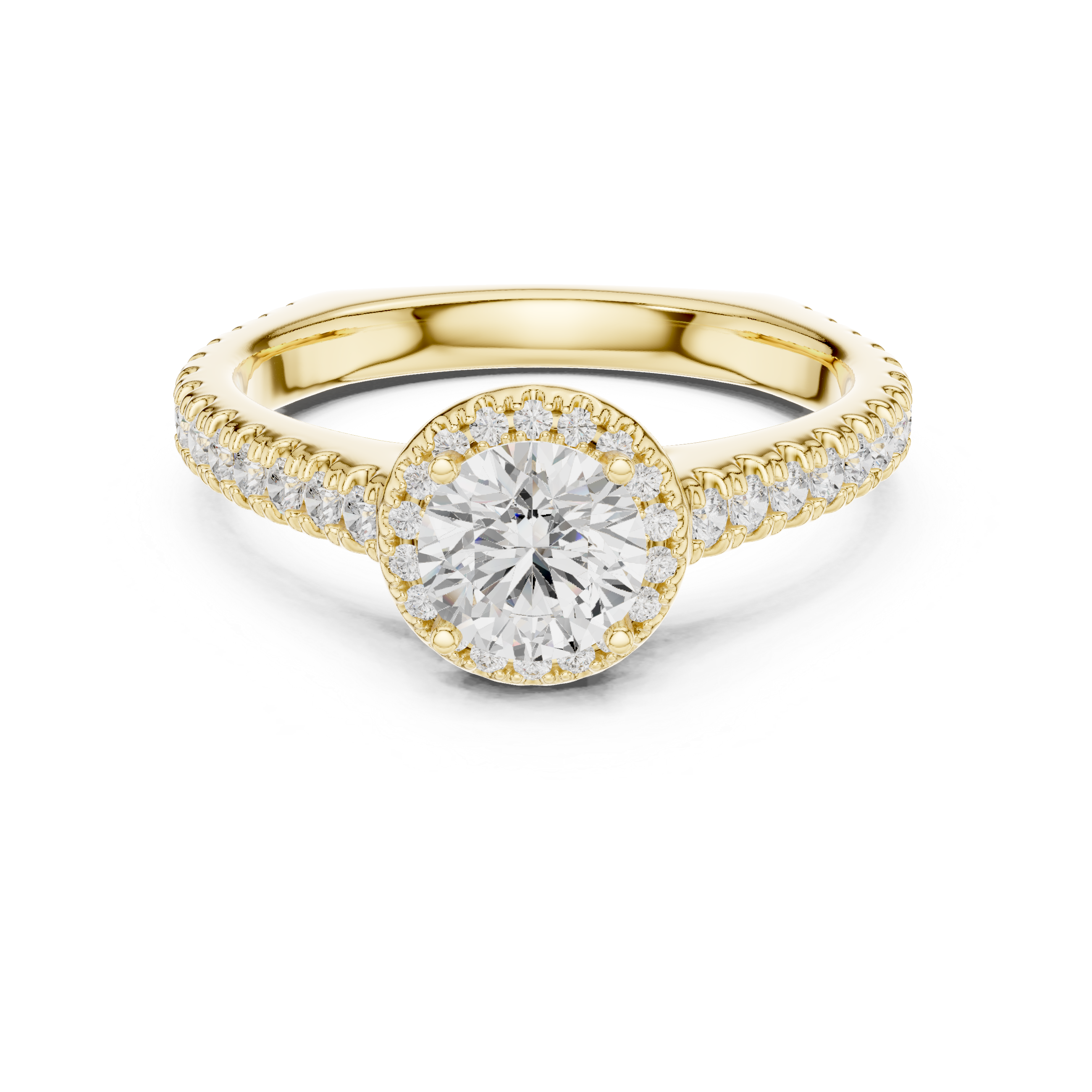 Round Halo Diamond Engagement Ring – Pavé Band Bridal Ring with Hidden Gallery
