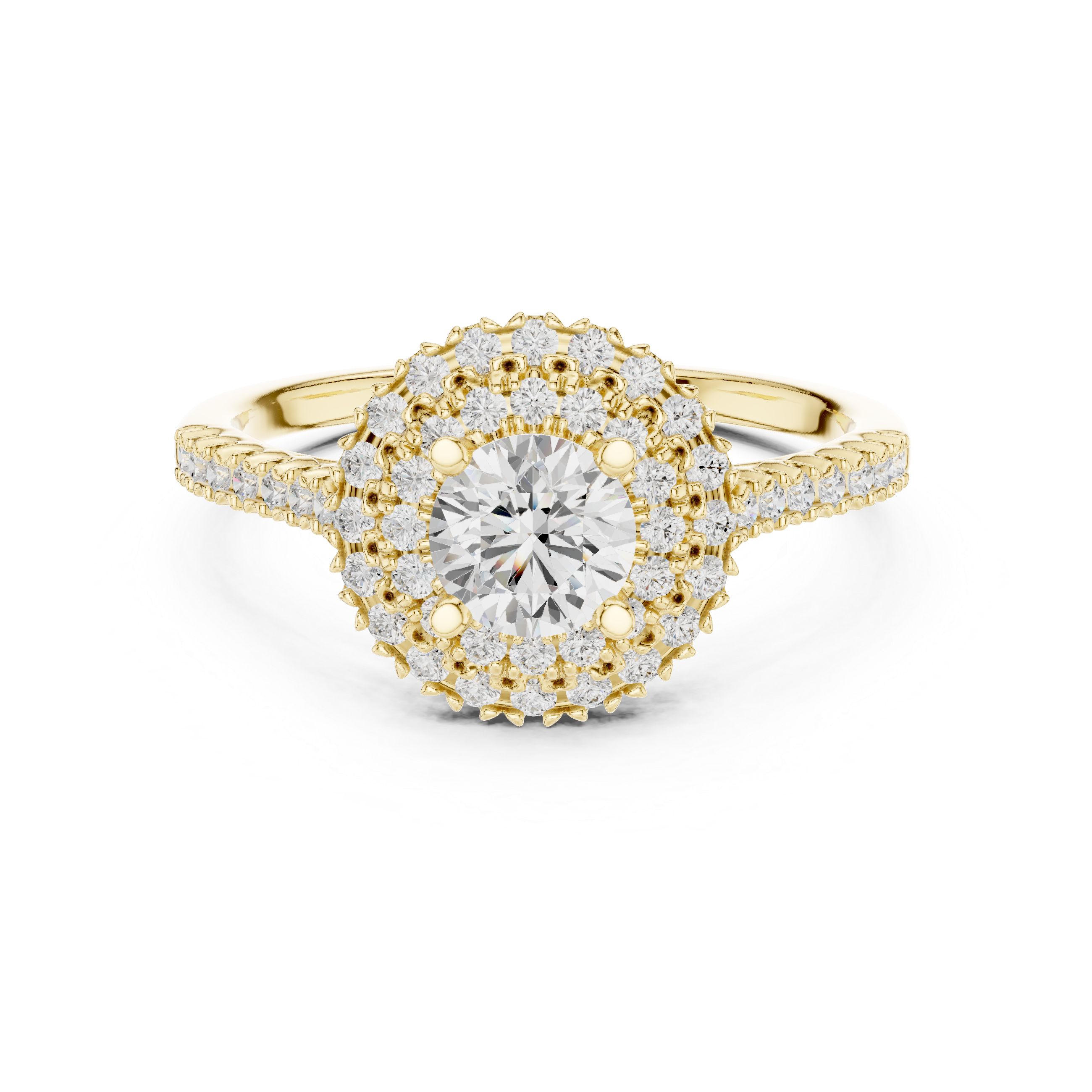 Vintage Double Halo Diamond Engagement Ring – Round Cut Pavé Bridal Ring with Milgrain Details