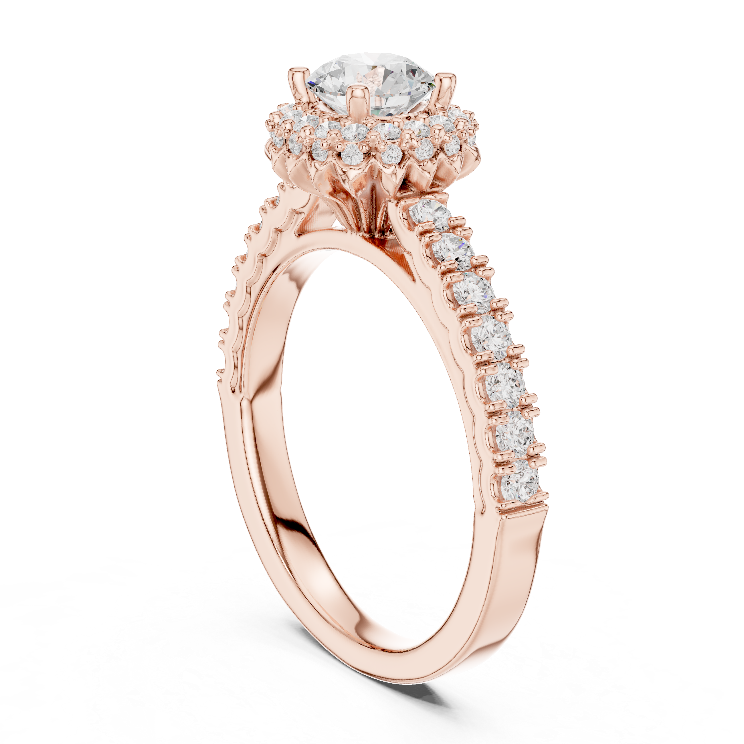 Vintage Floral Halo Engagement Ring – Round Diamond Solitaire with Pavé Band