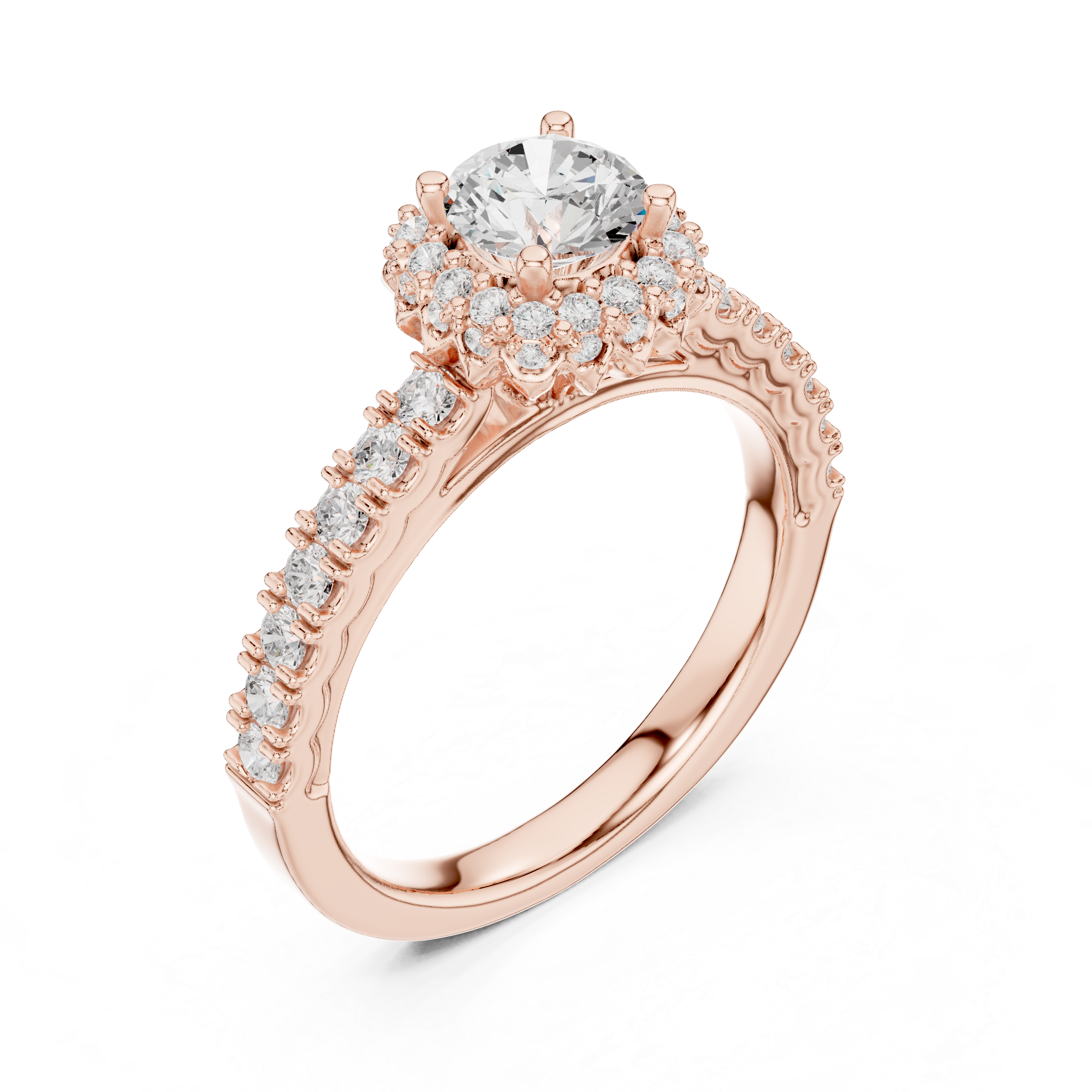 Vintage Floral Halo Engagement Ring – Round Diamond Solitaire with Pavé Band