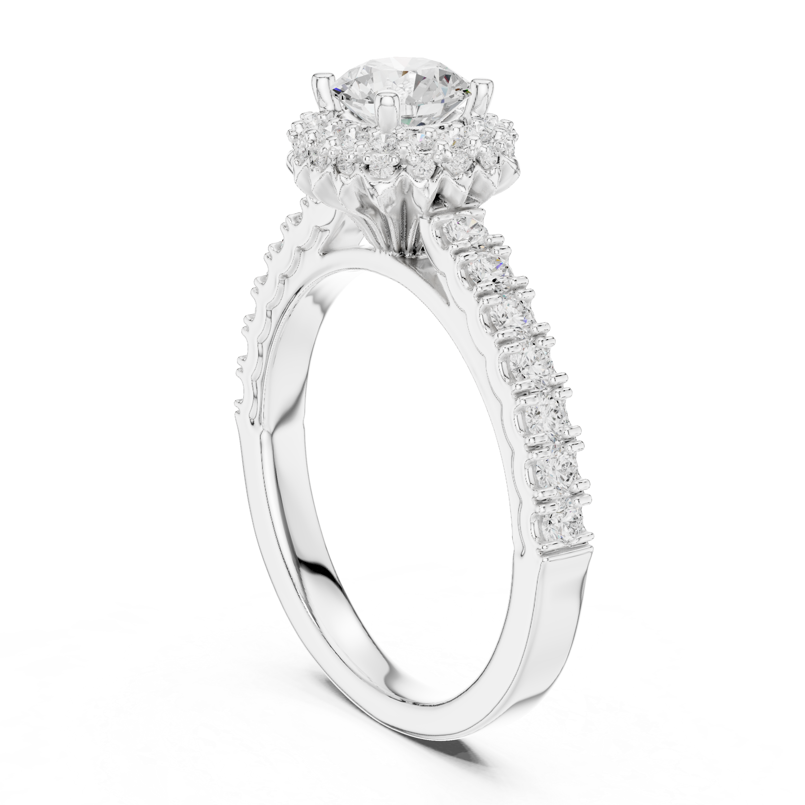 Vintage Floral Halo Engagement Ring – Round Diamond Solitaire with Pavé Band