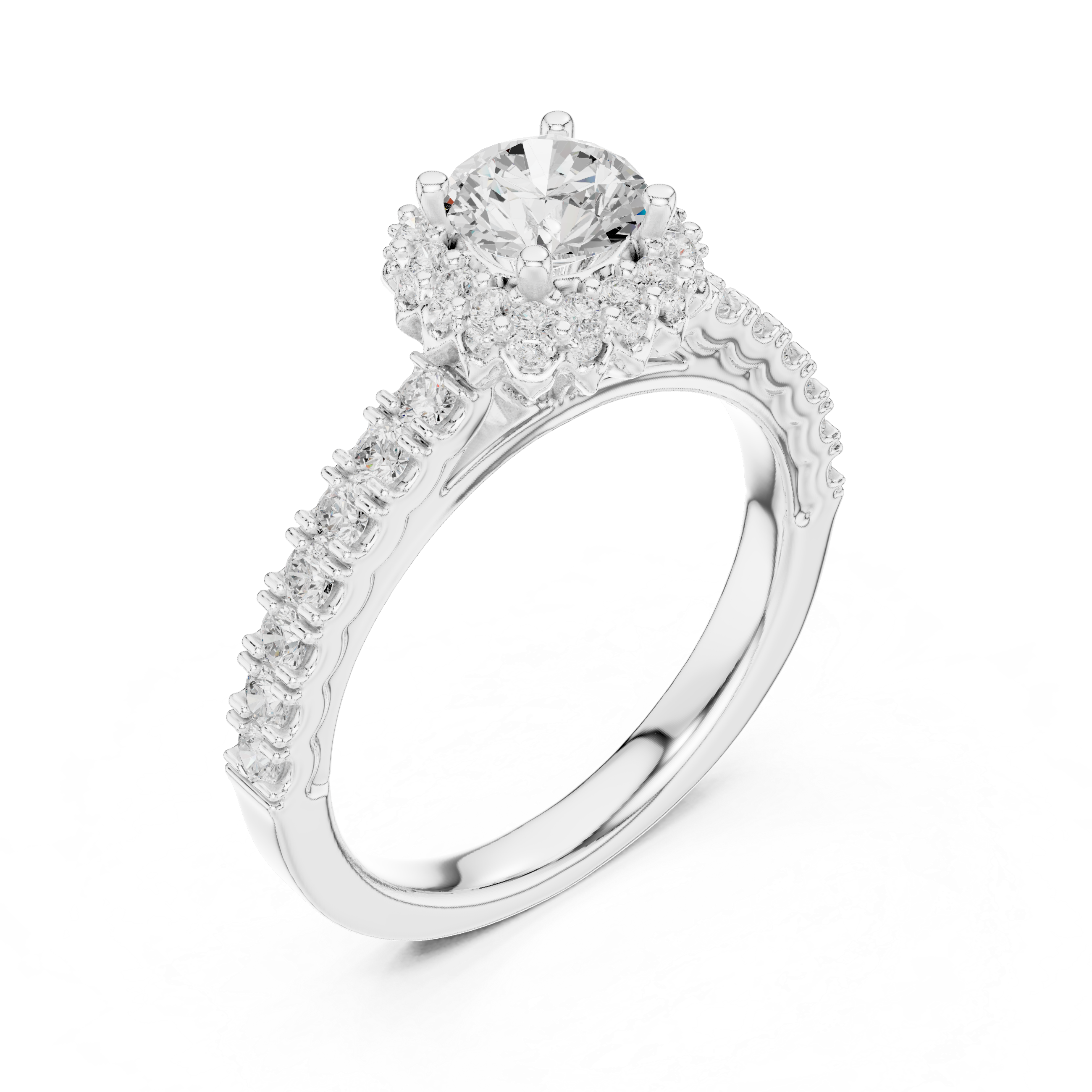 Vintage Floral Halo Engagement Ring – Round Diamond Solitaire with Pavé Band