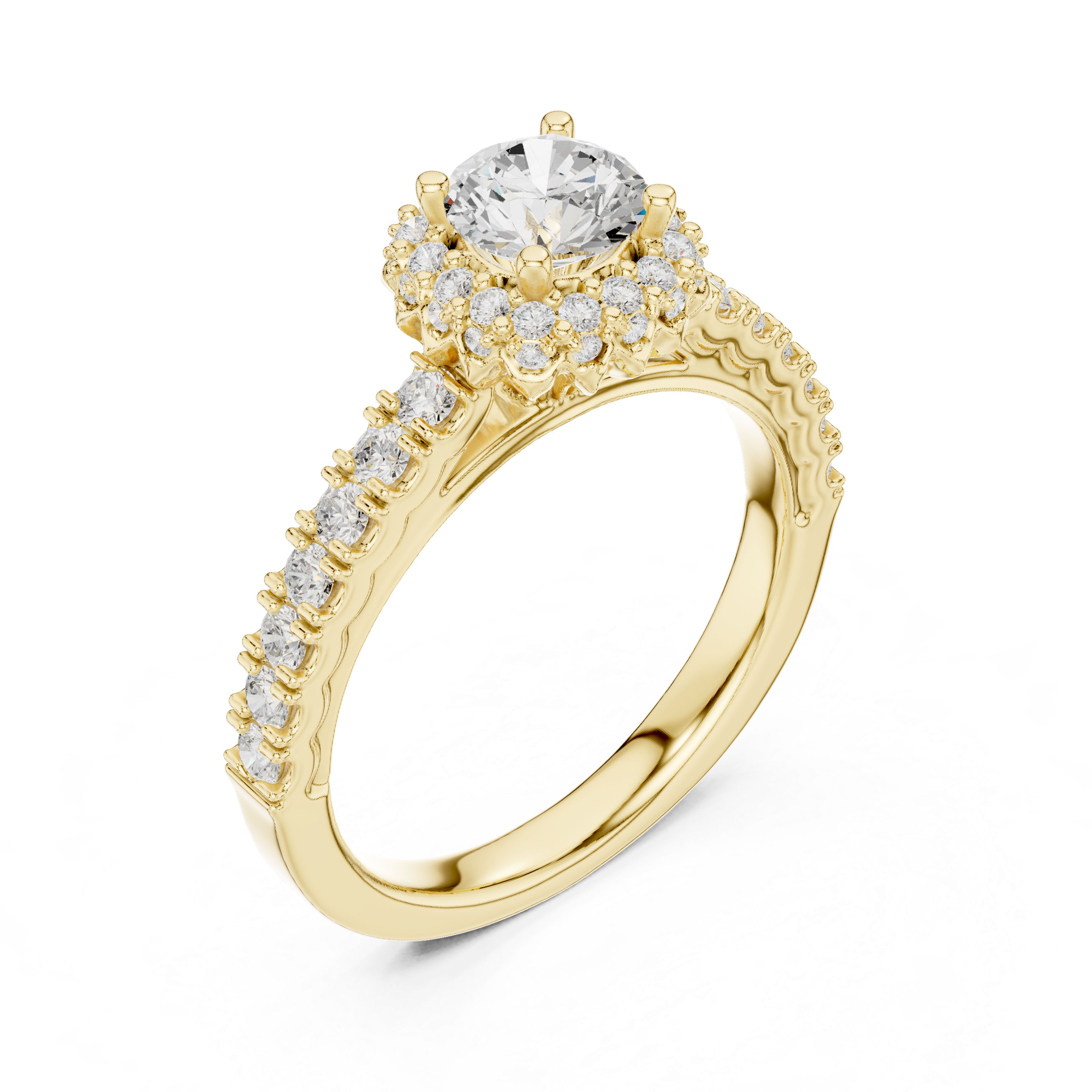 Vintage Floral Halo Engagement Ring – Round Diamond Solitaire with Pavé Band