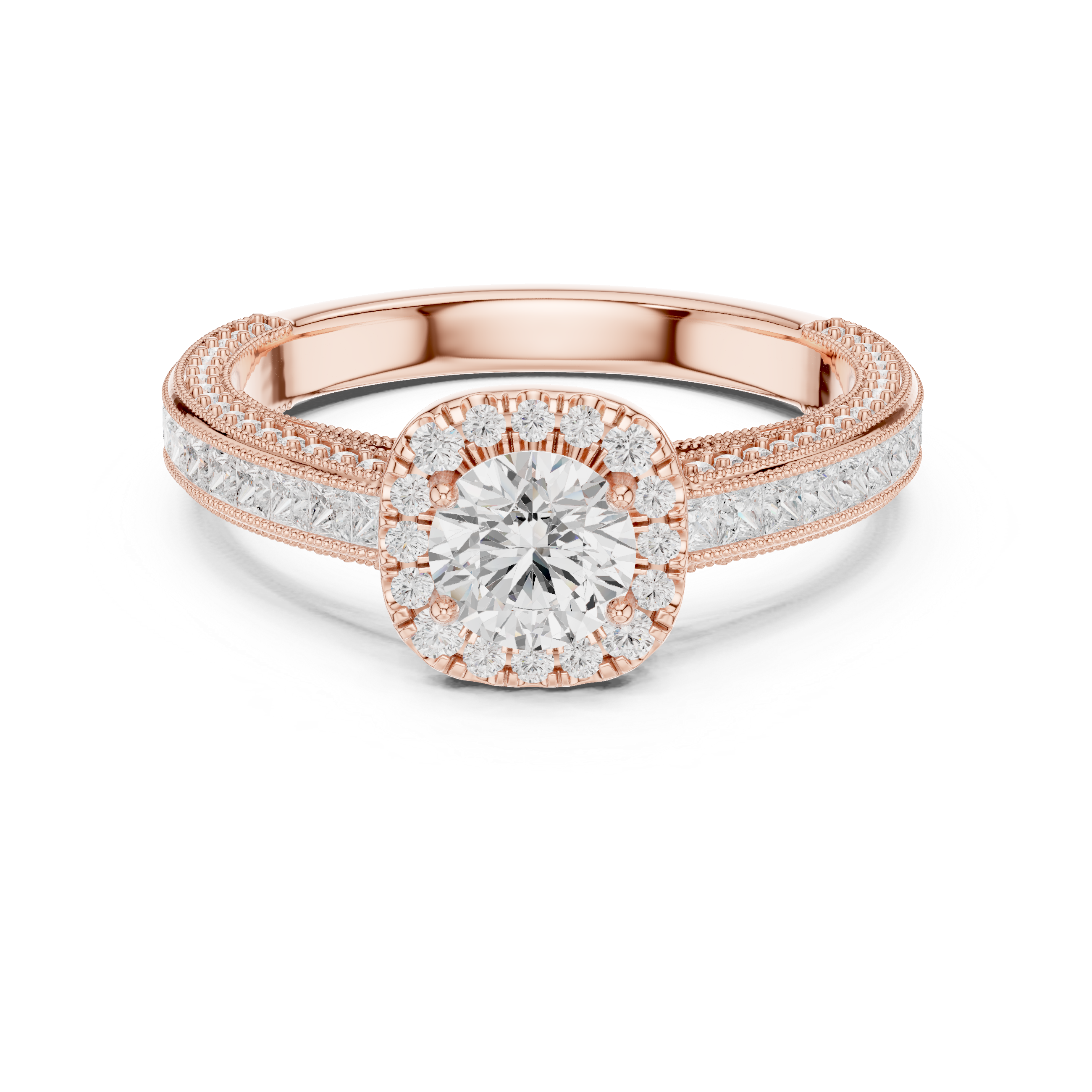 Vintage Halo Engagement Ring with Princess Cut Channel Band – Round Diamond Solitaire Bridal Ring