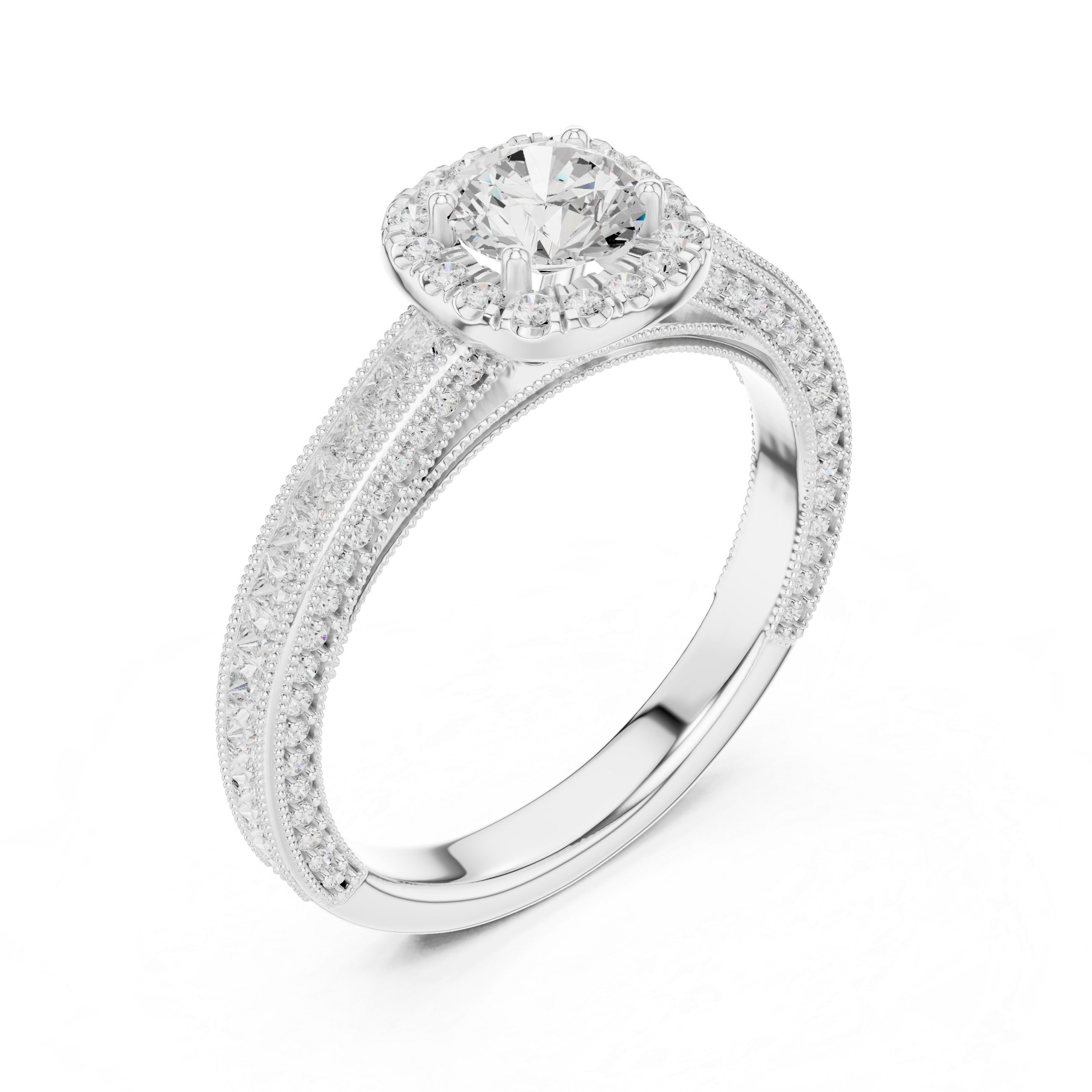 Vintage Halo Engagement Ring with Princess Cut Channel Band – Round Diamond Solitaire Bridal Ring