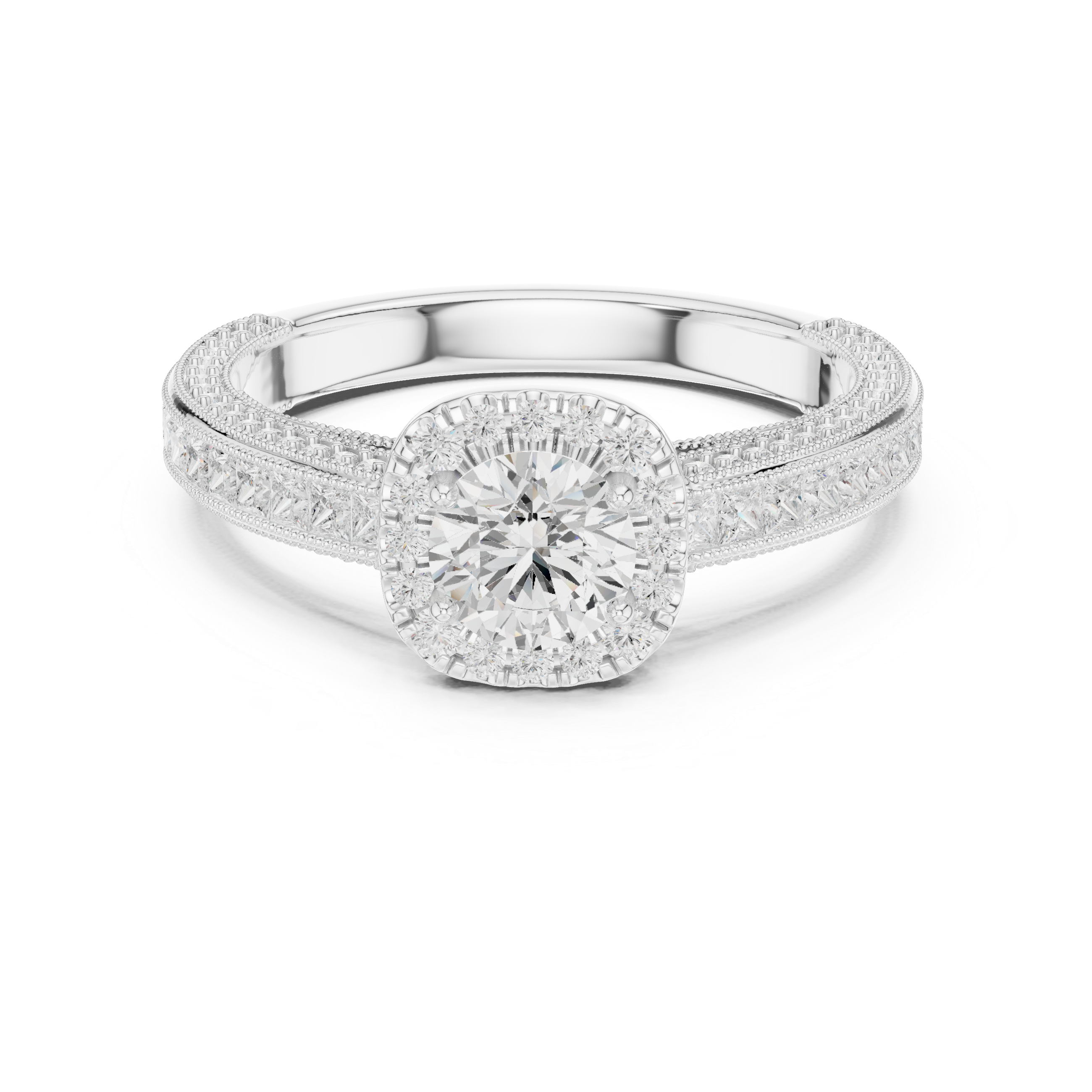 Vintage Halo Engagement Ring with Princess Cut Channel Band – Round Diamond Solitaire Bridal Ring