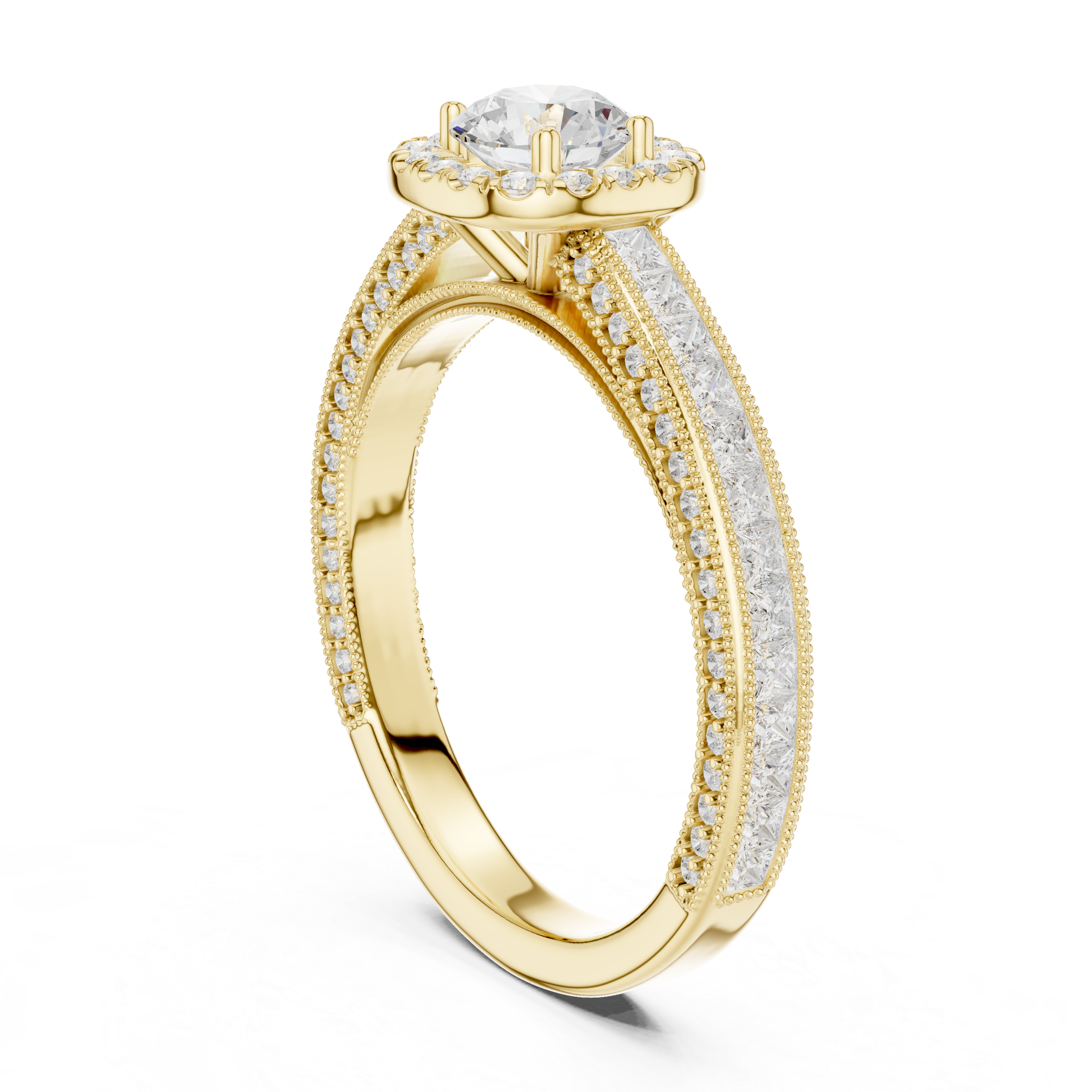 Vintage Halo Engagement Ring with Princess Cut Channel Band – Round Diamond Solitaire Bridal Ring