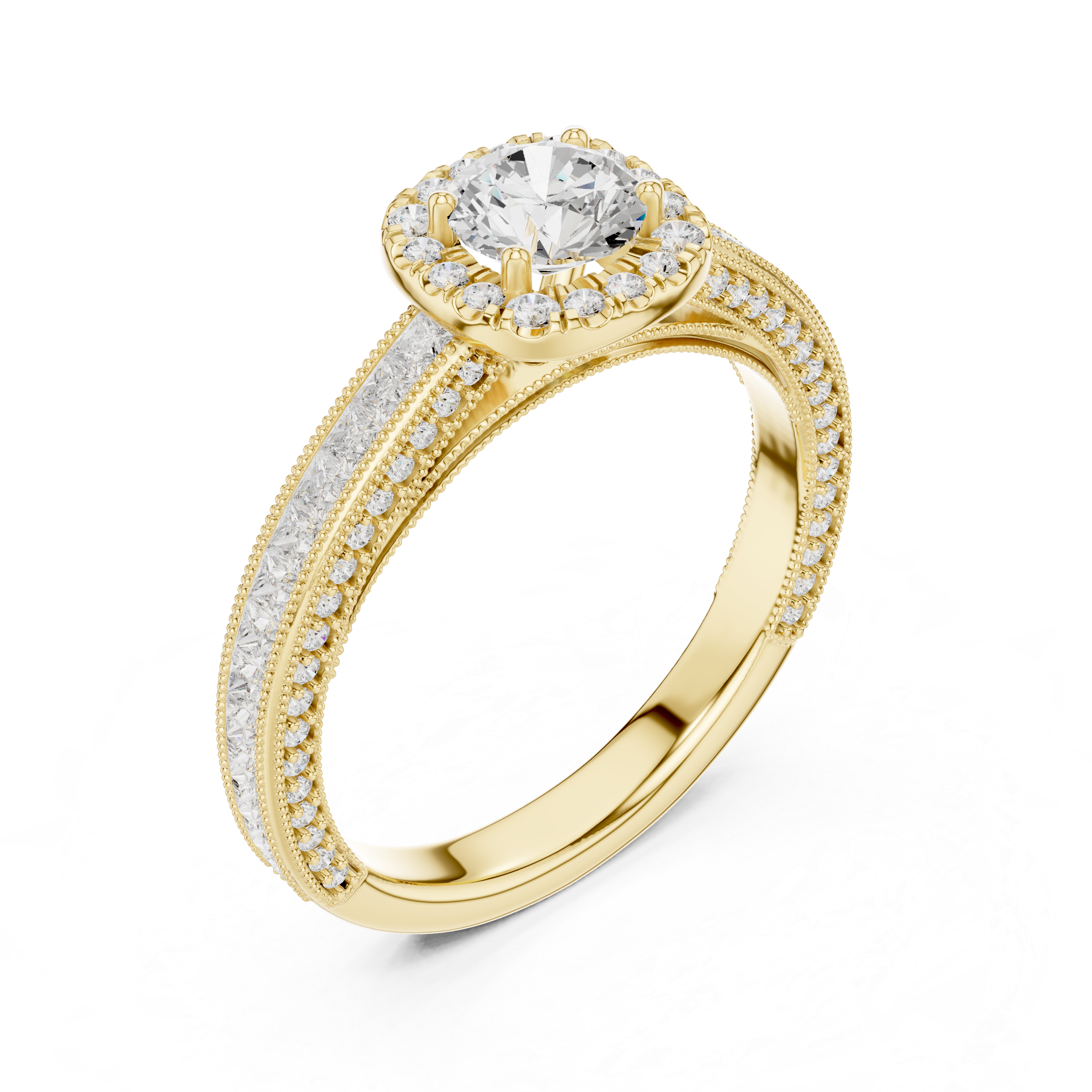 Vintage Halo Engagement Ring with Princess Cut Channel Band – Round Diamond Solitaire Bridal Ring