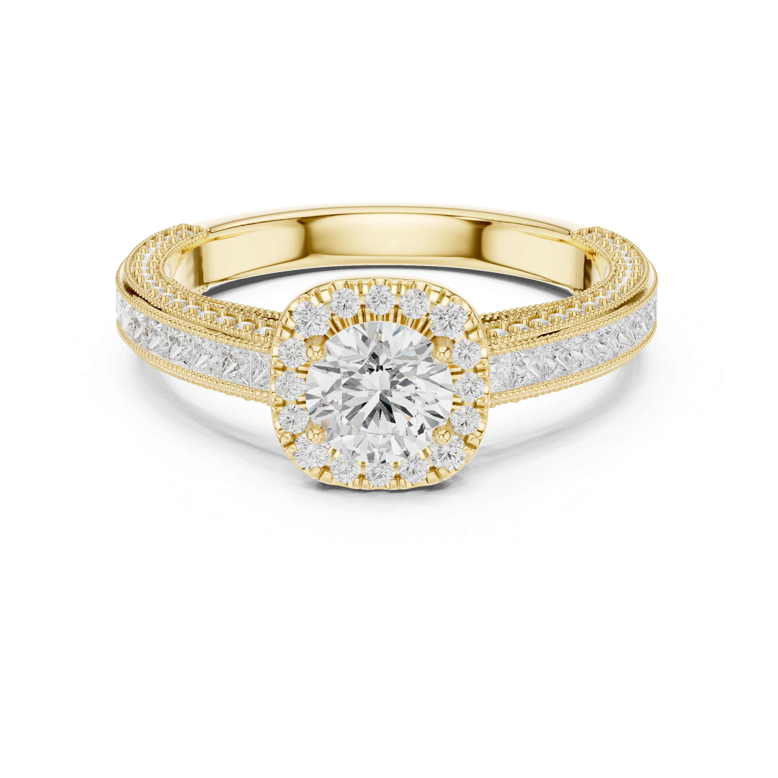Vintage Halo Engagement Ring with Princess Cut Channel Band – Round Diamond Solitaire Bridal Ring