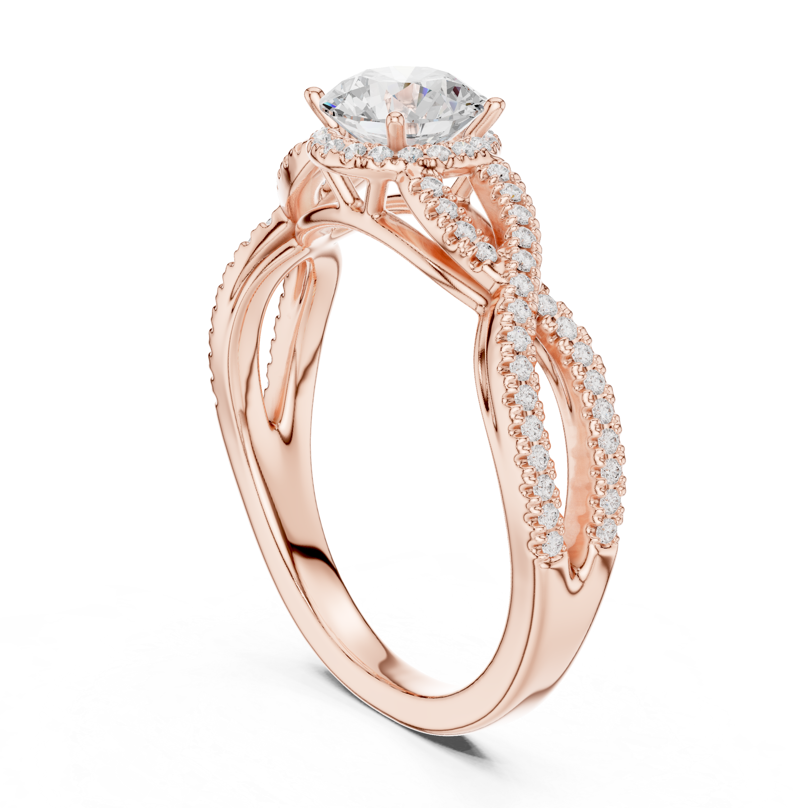 Infinity Twist Diamond Engagement Ring – Twisted Pavé Solitaire Bridal Ring with Round Center Stone