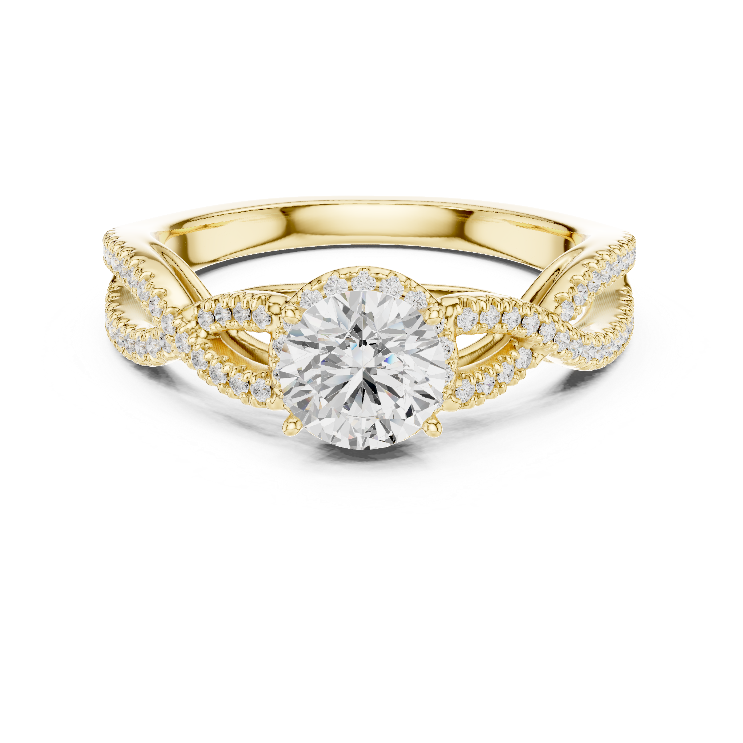 Infinity Twist Diamond Engagement Ring – Twisted Pavé Solitaire Bridal Ring with Round Center Stone