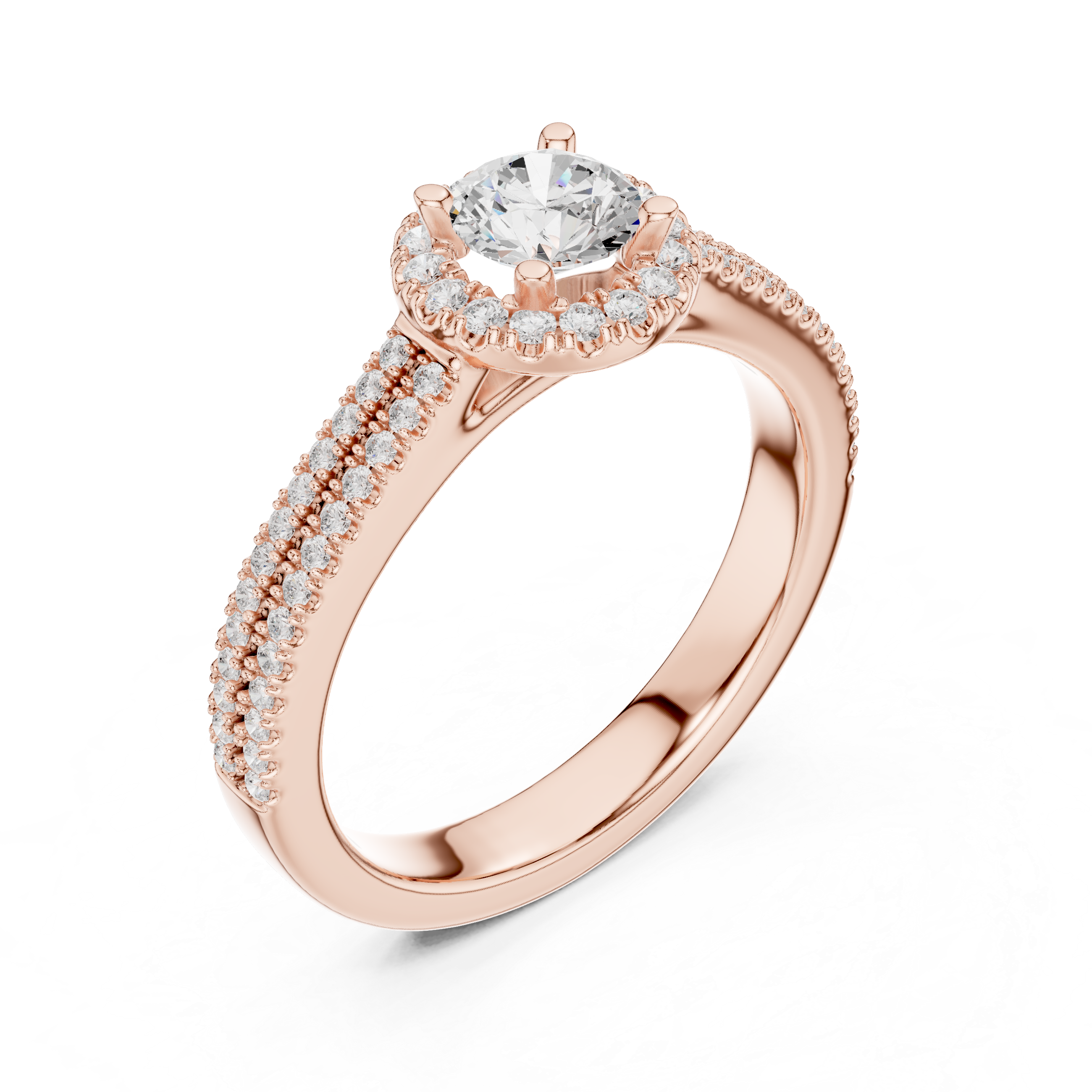 Double Pavé Halo Diamond Engagement Ring – Round Solitaire Bridal Ring with Split Pavé Band