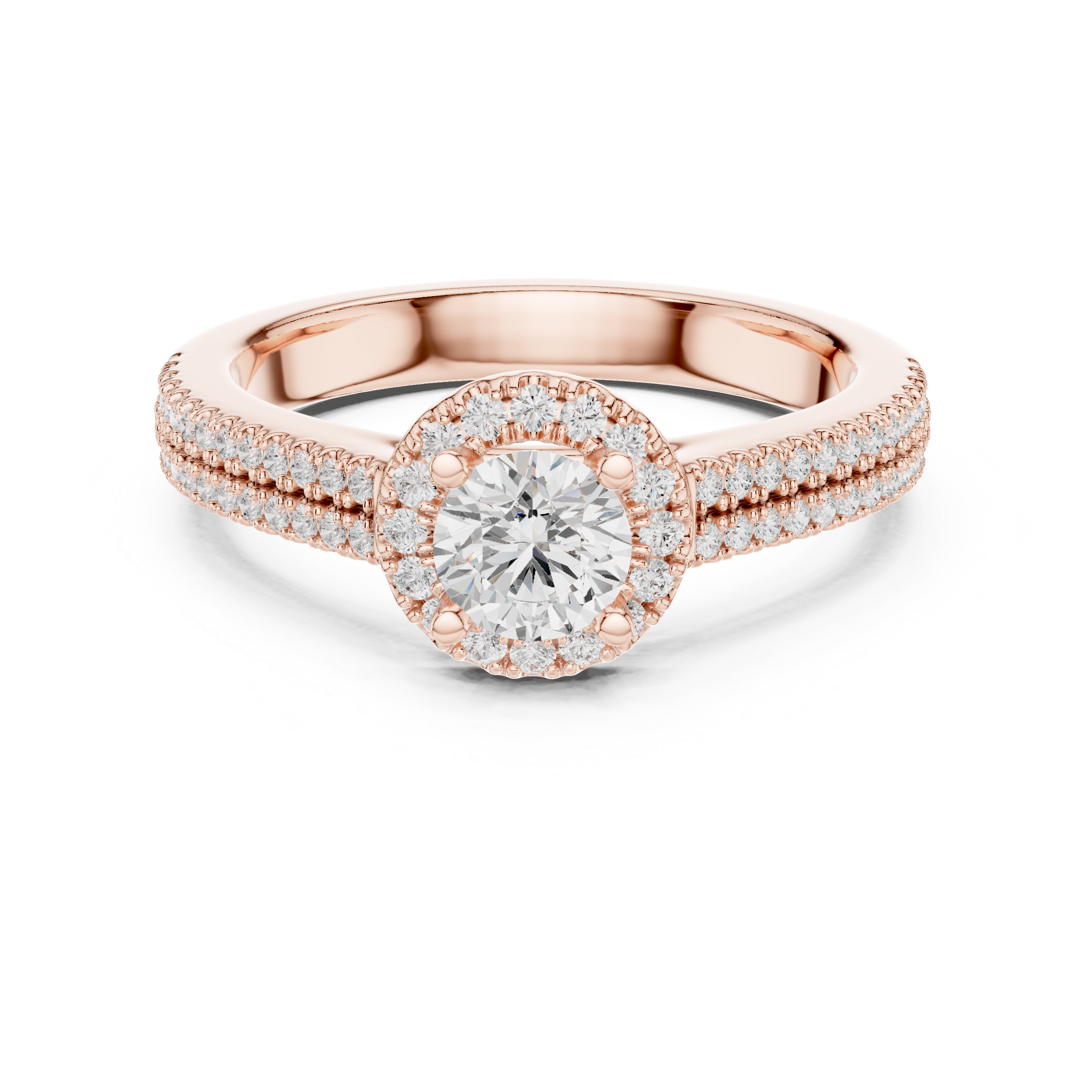 Double Pavé Halo Diamond Engagement Ring – Round Solitaire Bridal Ring with Split Pavé Band