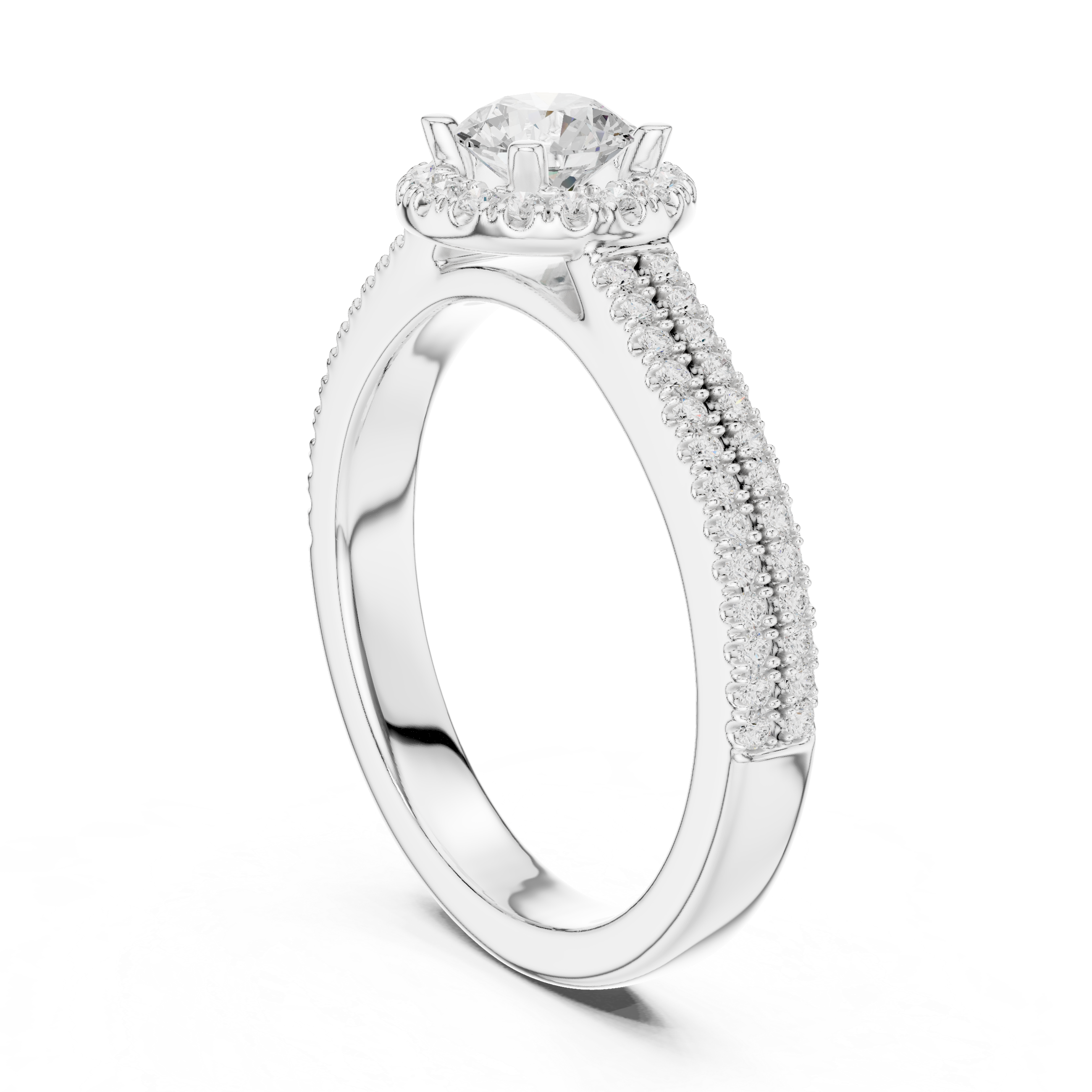 Double Pavé Halo Diamond Engagement Ring – Round Solitaire Bridal Ring with Split Pavé Band