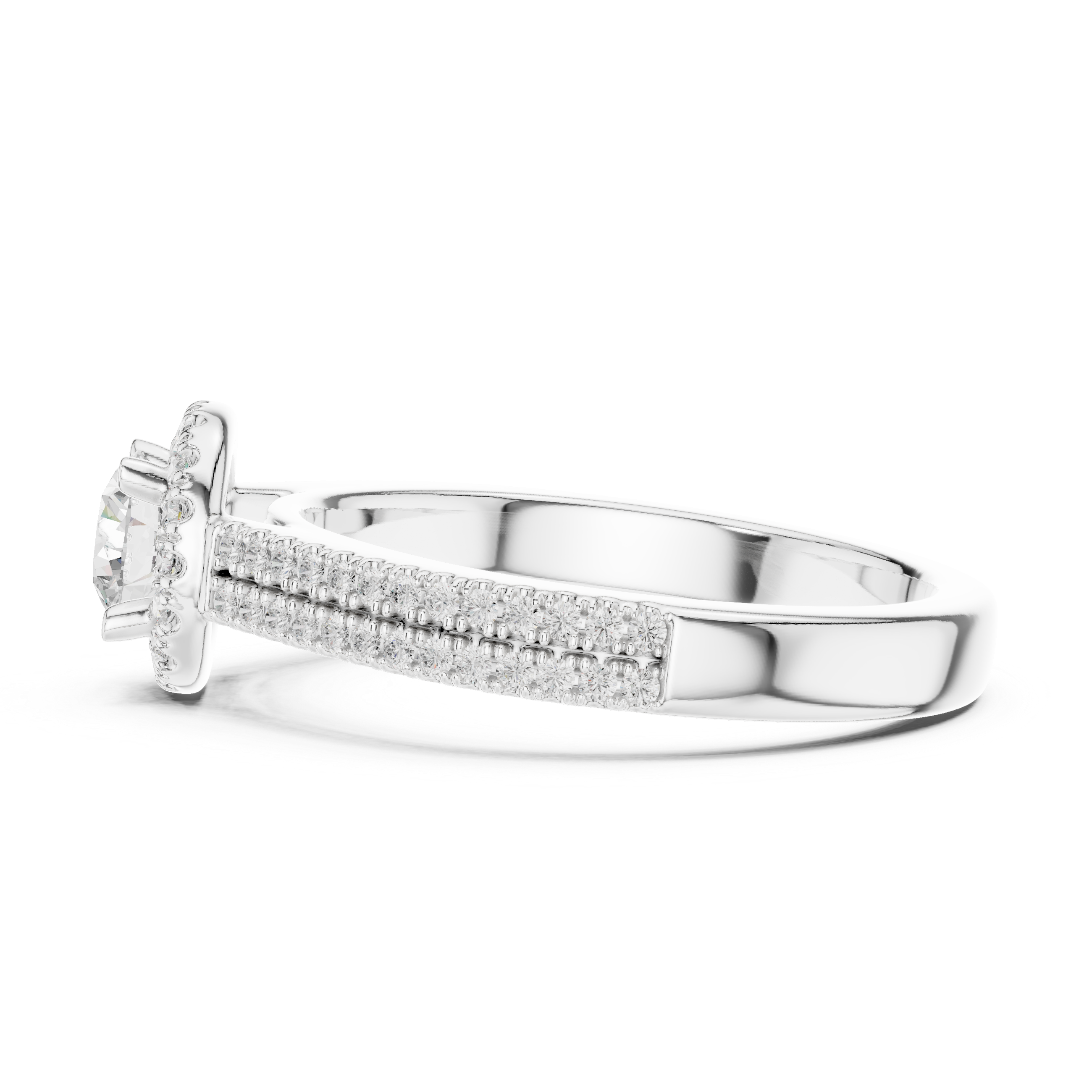 Double Pavé Halo Diamond Engagement Ring – Round Solitaire Bridal Ring with Split Pavé Band