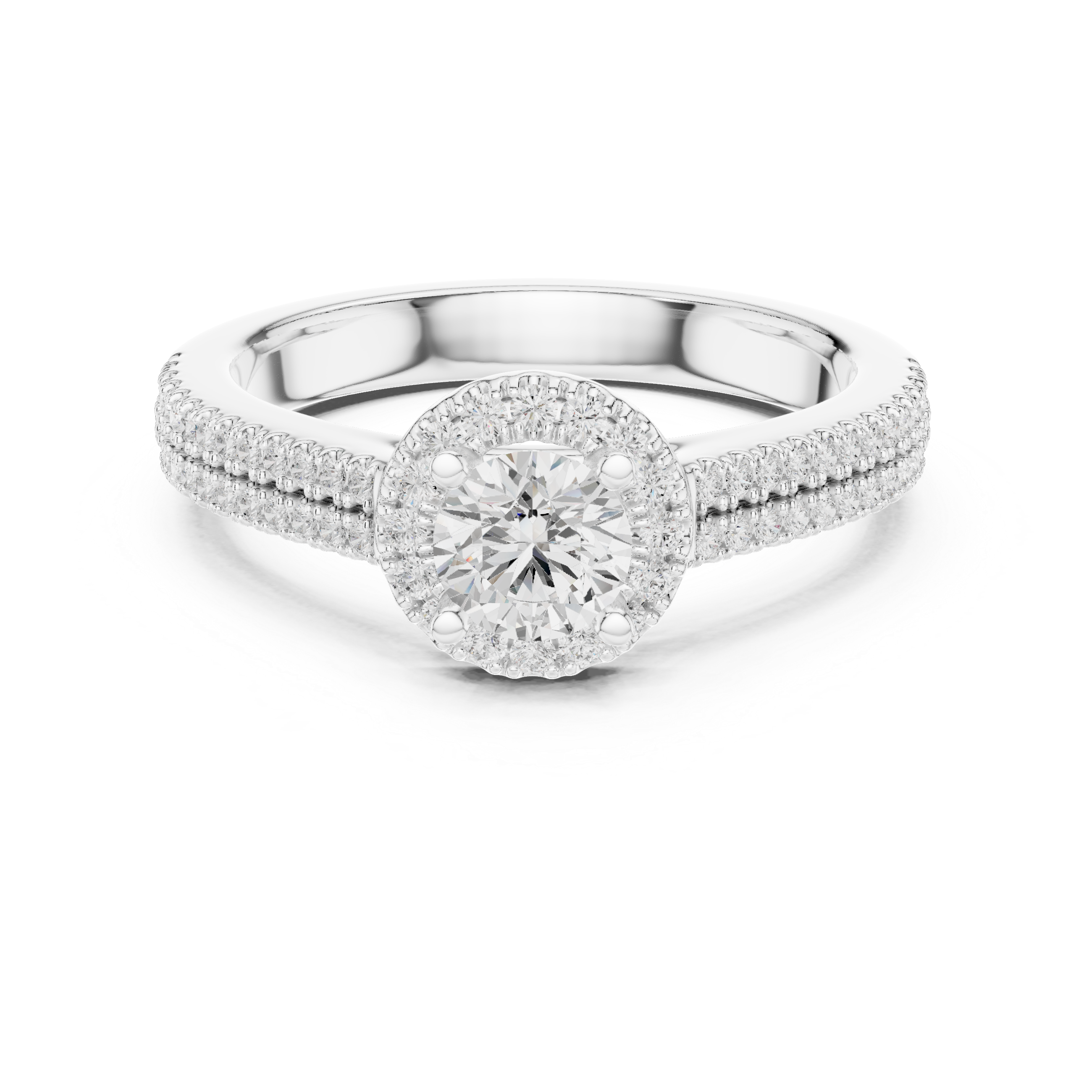 Double Pavé Halo Diamond Engagement Ring – Round Solitaire Bridal Ring with Split Pavé Band