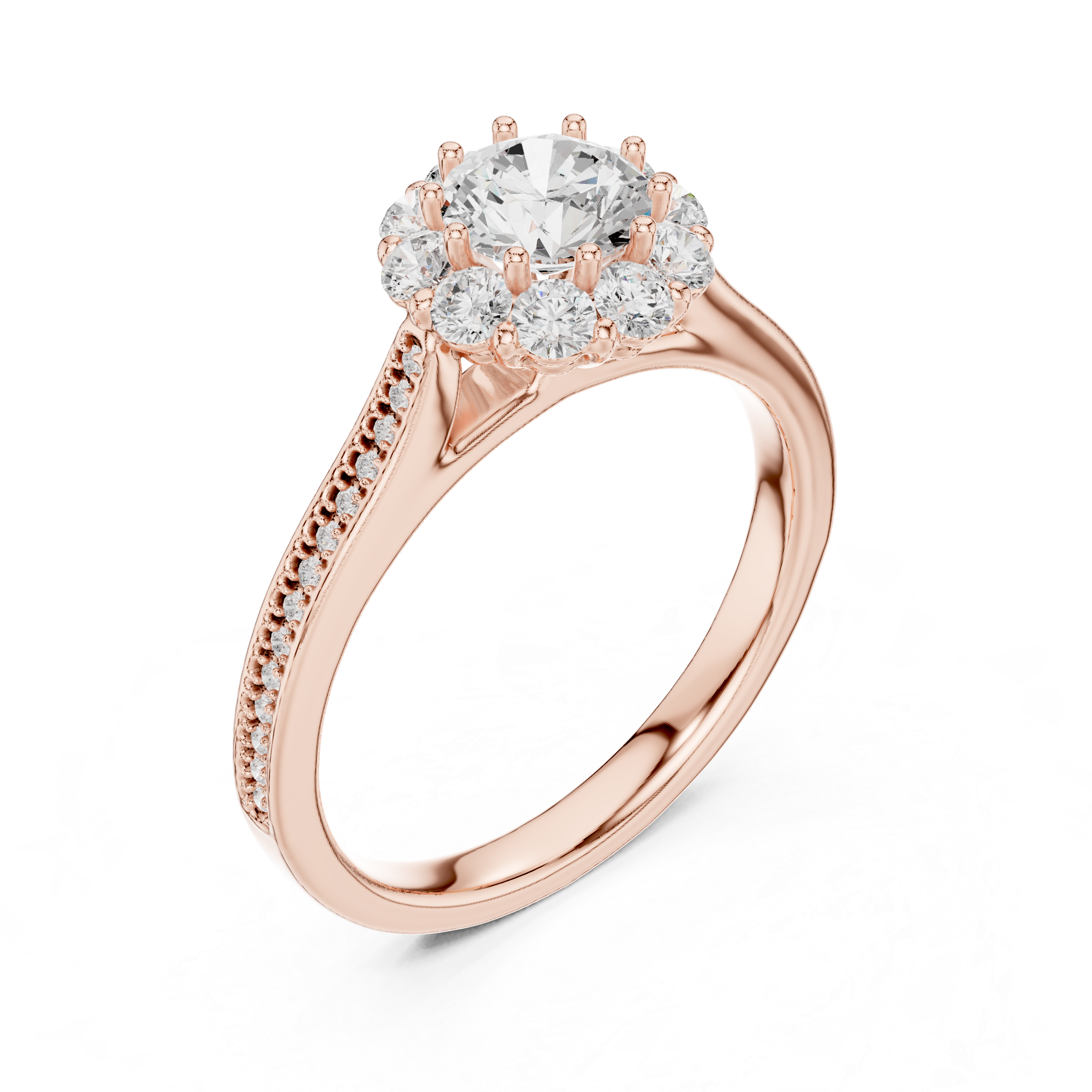Floral Halo Diamond Engagement Ring – Round Cluster Bridal Ring with Pavé Band