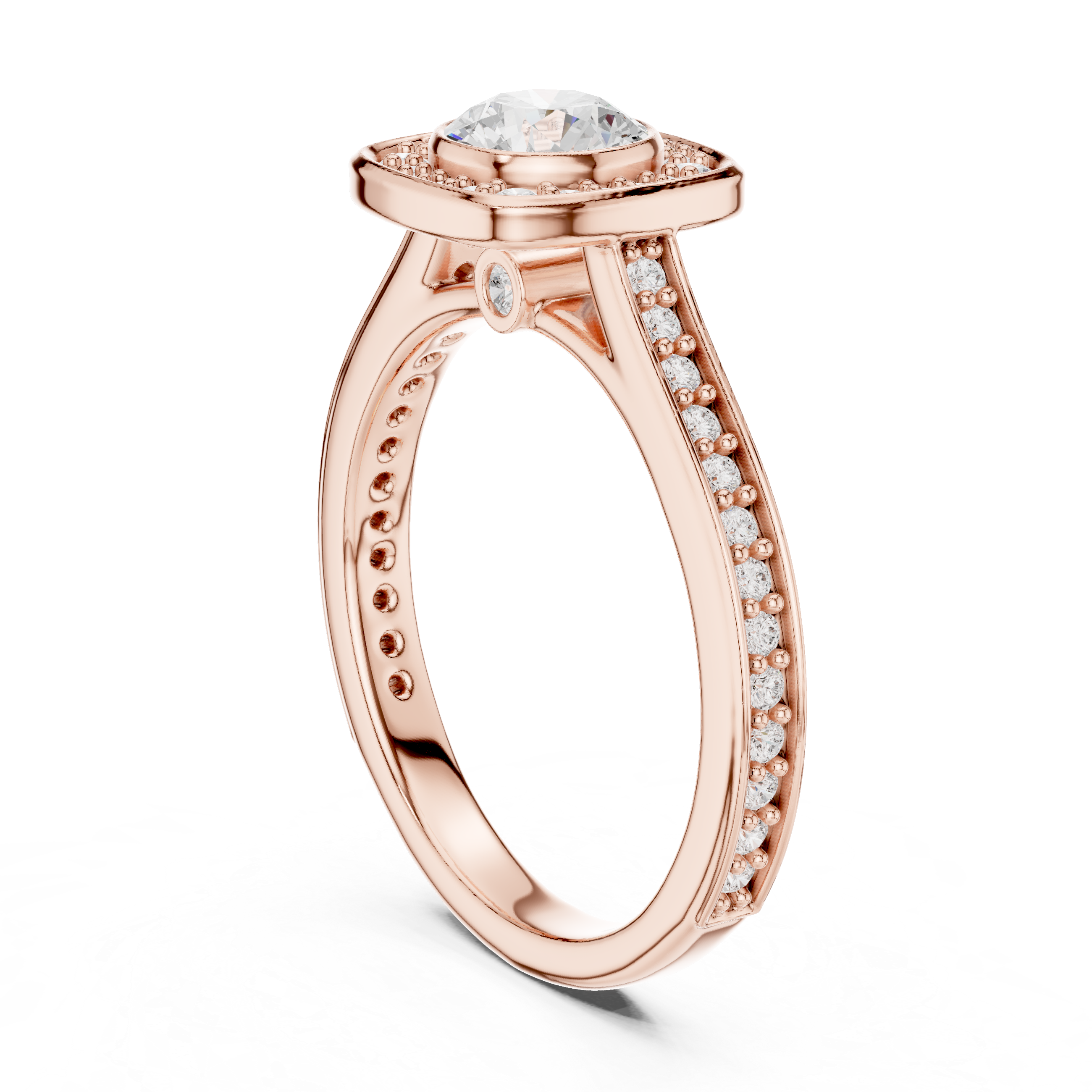 Cushion Halo Diamond Engagement Ring – Double Pavé Split Shank Bridal Ring