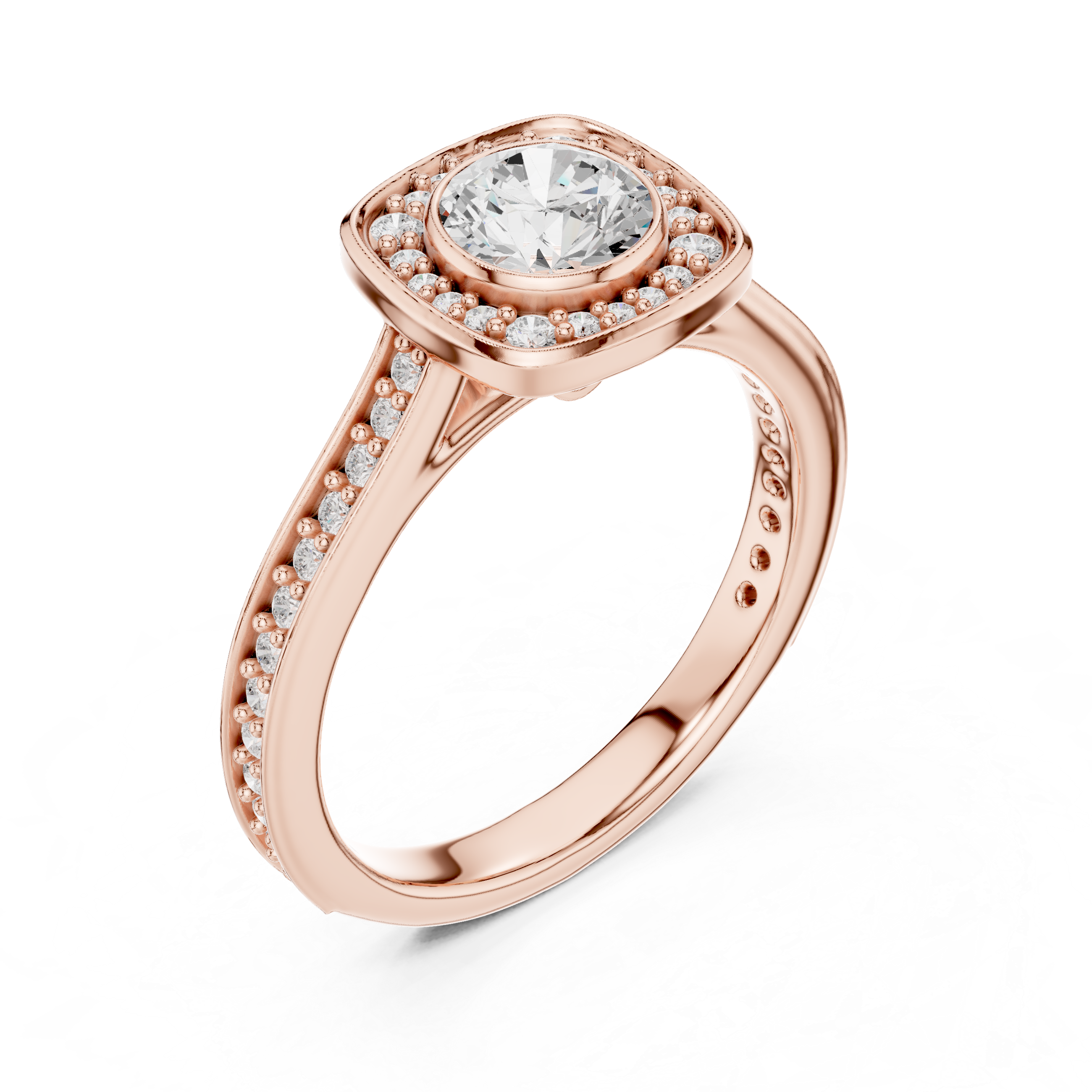 Cushion Halo Diamond Engagement Ring – Double Pavé Split Shank Bridal Ring
