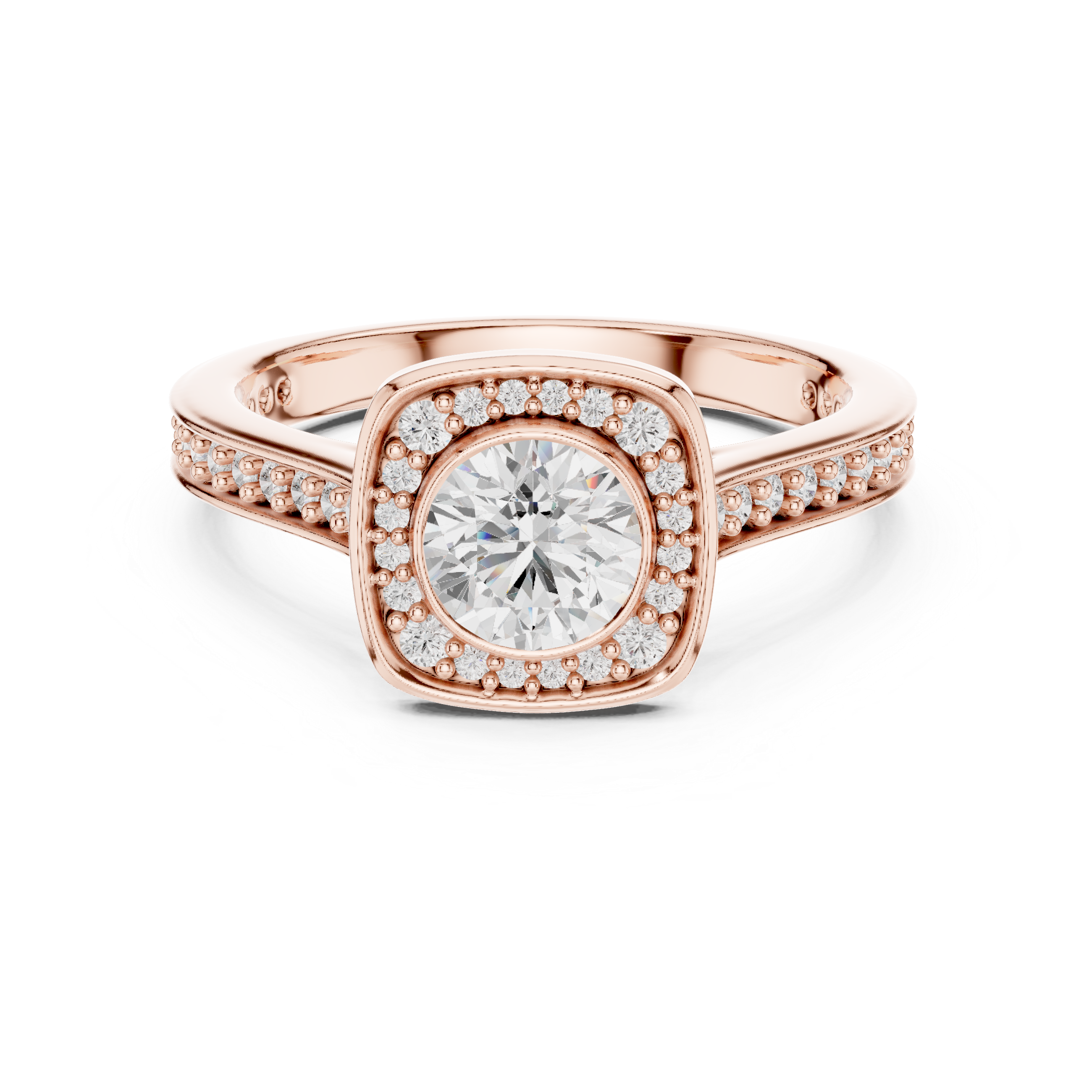 Cushion Halo Diamond Engagement Ring – Double Pavé Split Shank Bridal Ring