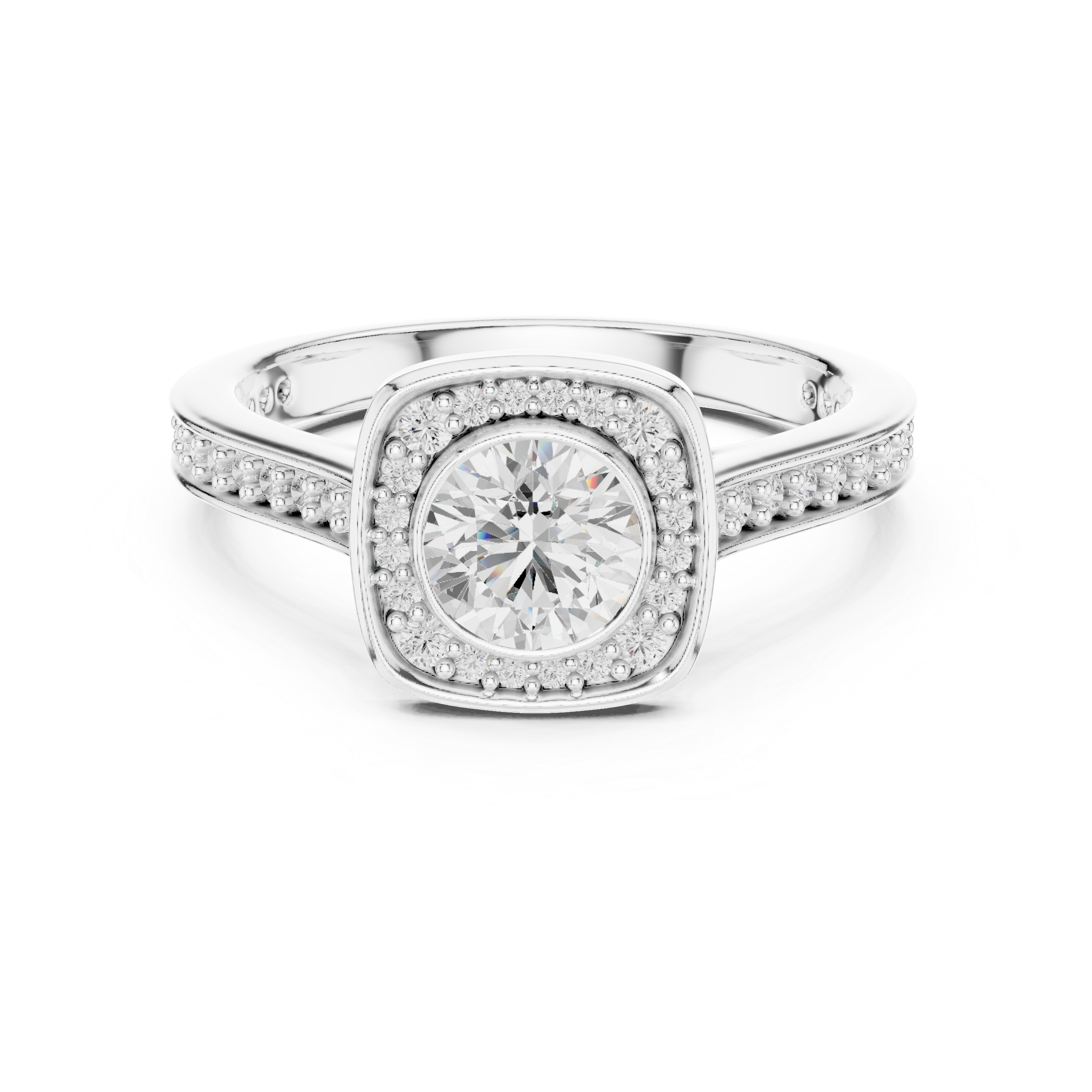 Cushion Halo Diamond Engagement Ring – Double Pavé Split Shank Bridal Ring