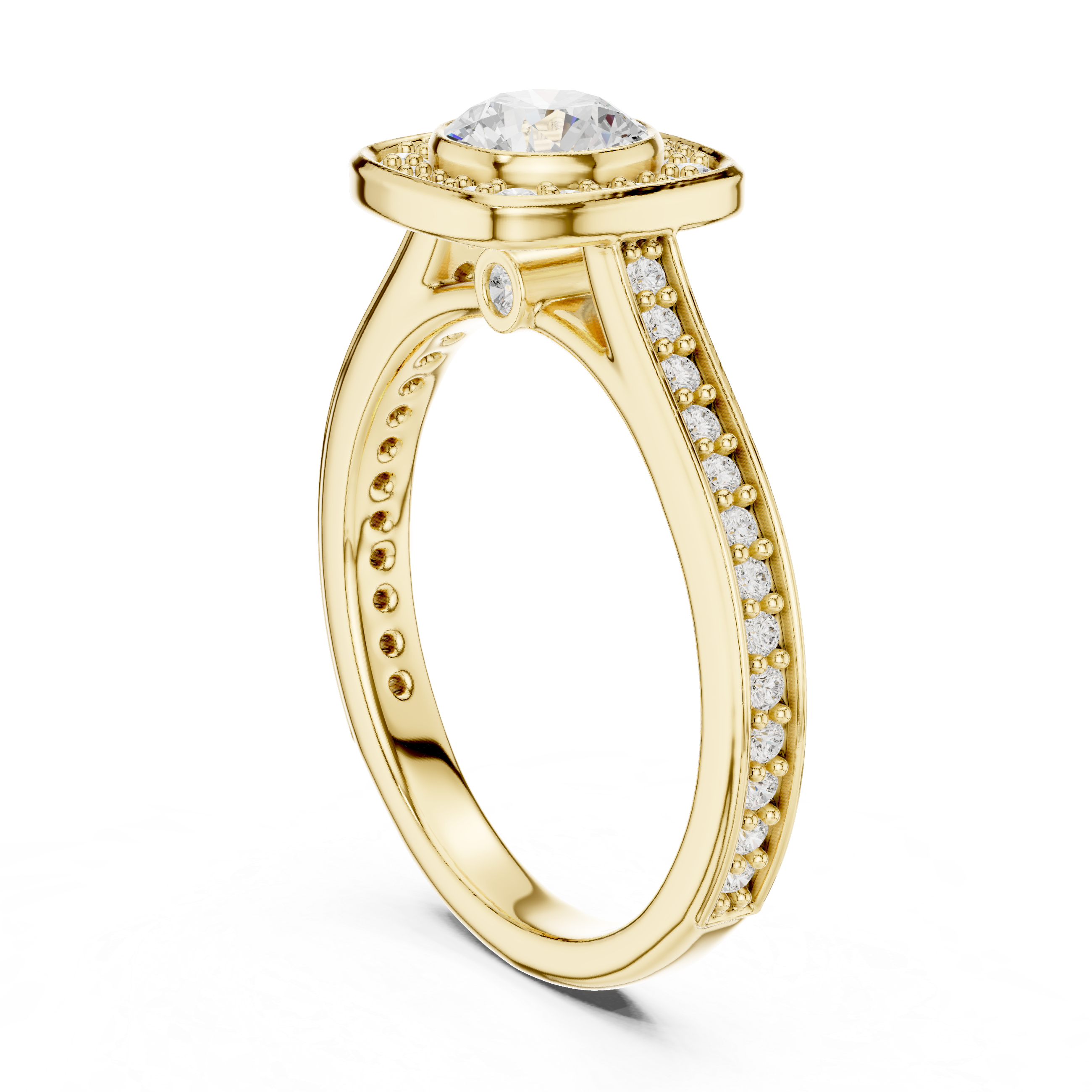 Cushion Halo Diamond Engagement Ring – Double Pavé Split Shank Bridal Ring