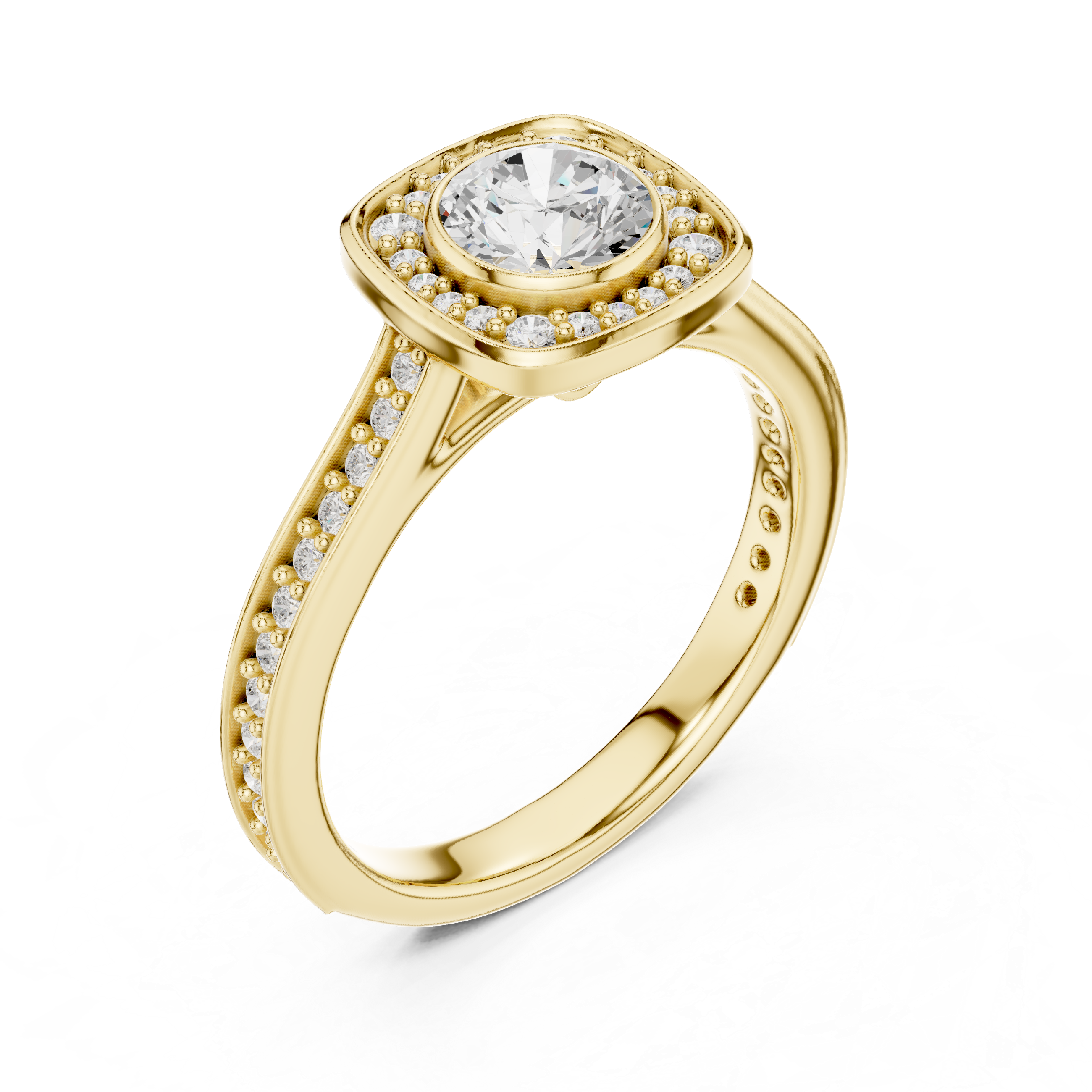 Cushion Halo Diamond Engagement Ring – Double Pavé Split Shank Bridal Ring