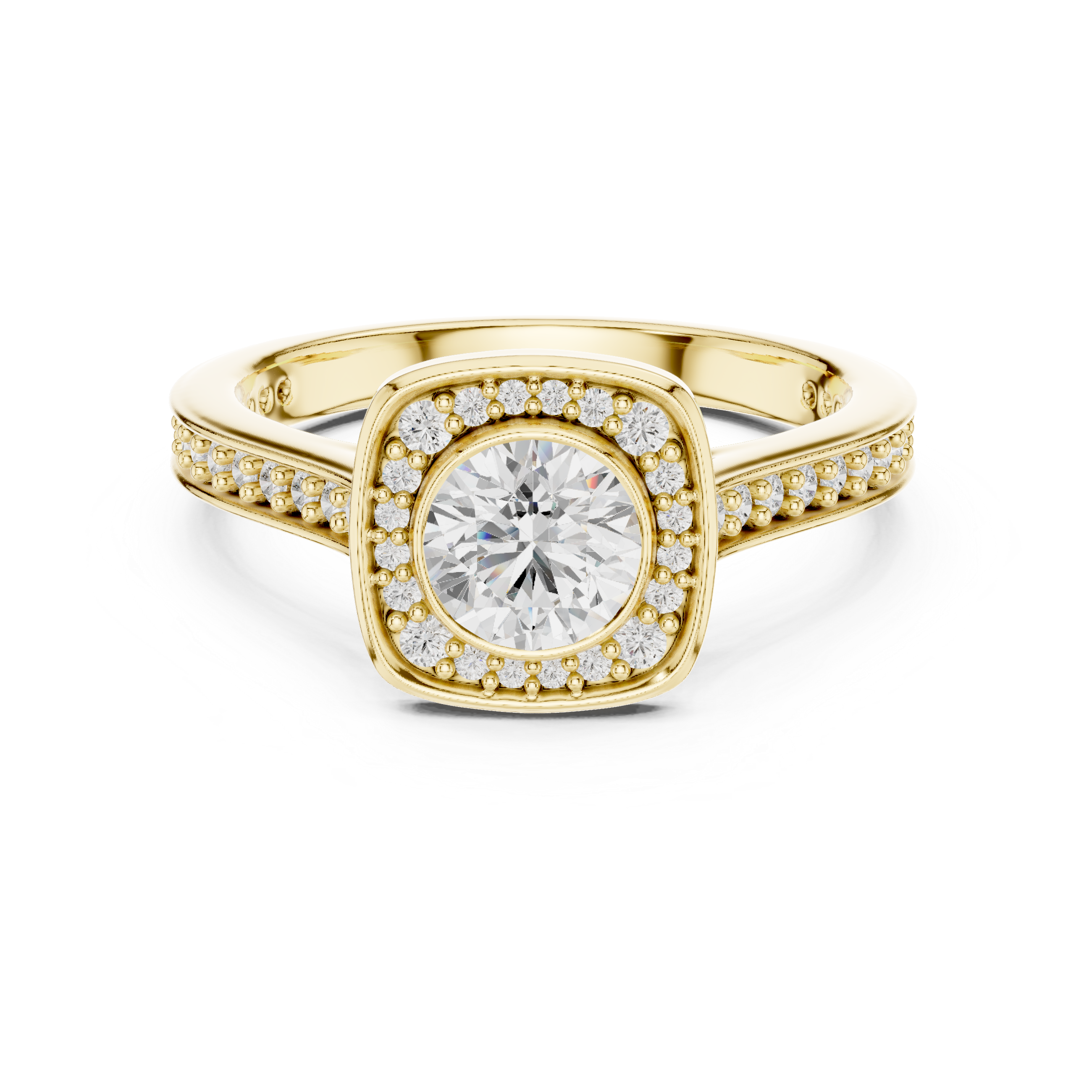 Cushion Halo Diamond Engagement Ring – Double Pavé Split Shank Bridal Ring