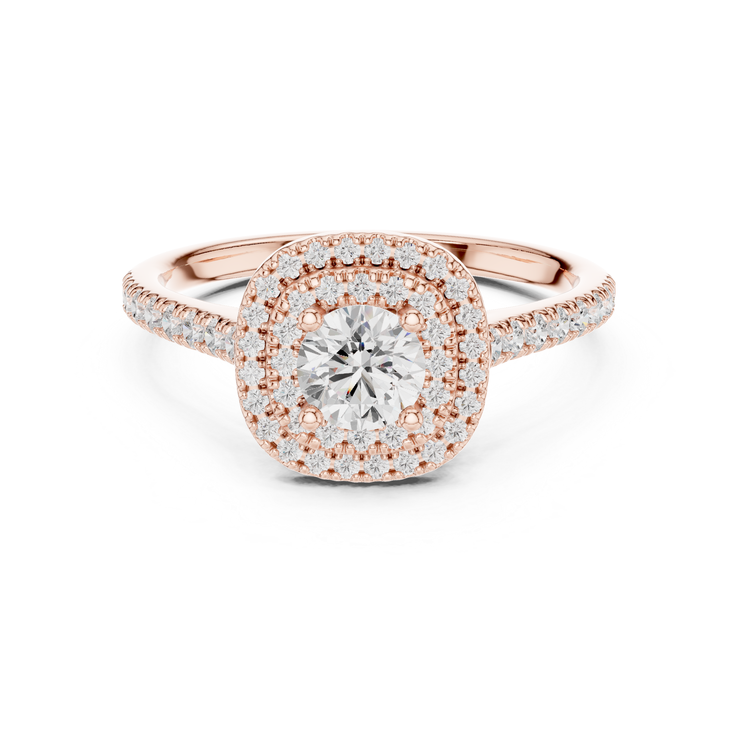 Double Halo Round Diamond Engagement Ring – Pavé Bridal Ring with Hidden Gallery