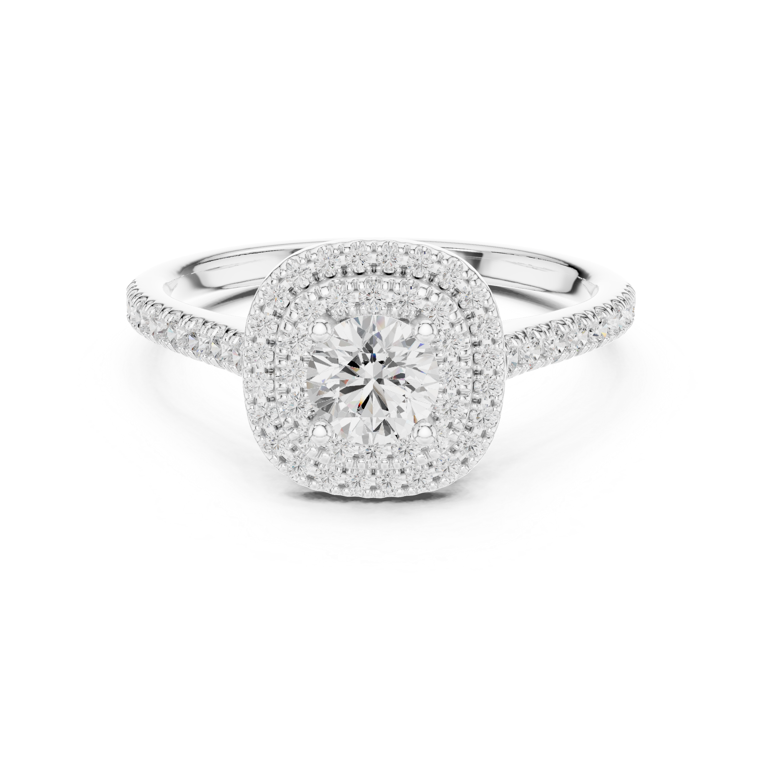 Double Halo Round Diamond Engagement Ring – Pavé Bridal Ring with Hidden Gallery