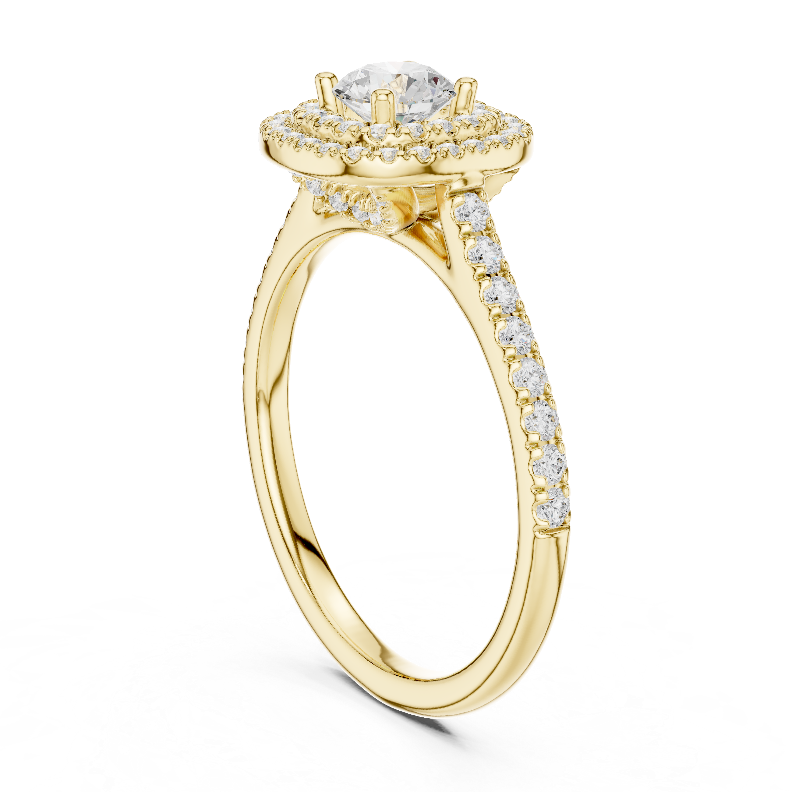 Double Halo Round Diamond Engagement Ring – Pavé Bridal Ring with Hidden Gallery