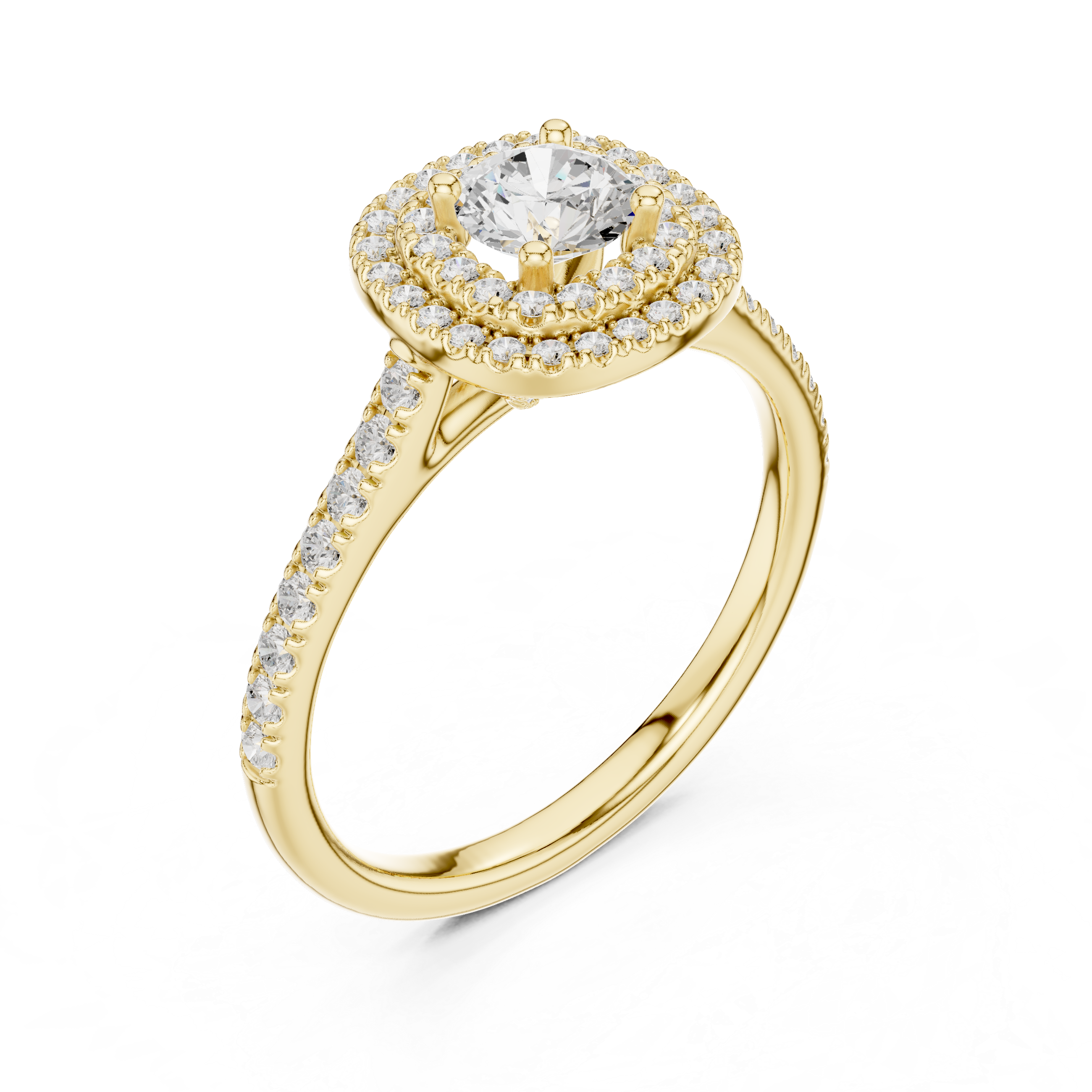 Double Halo Round Diamond Engagement Ring – Pavé Bridal Ring with Hidden Gallery