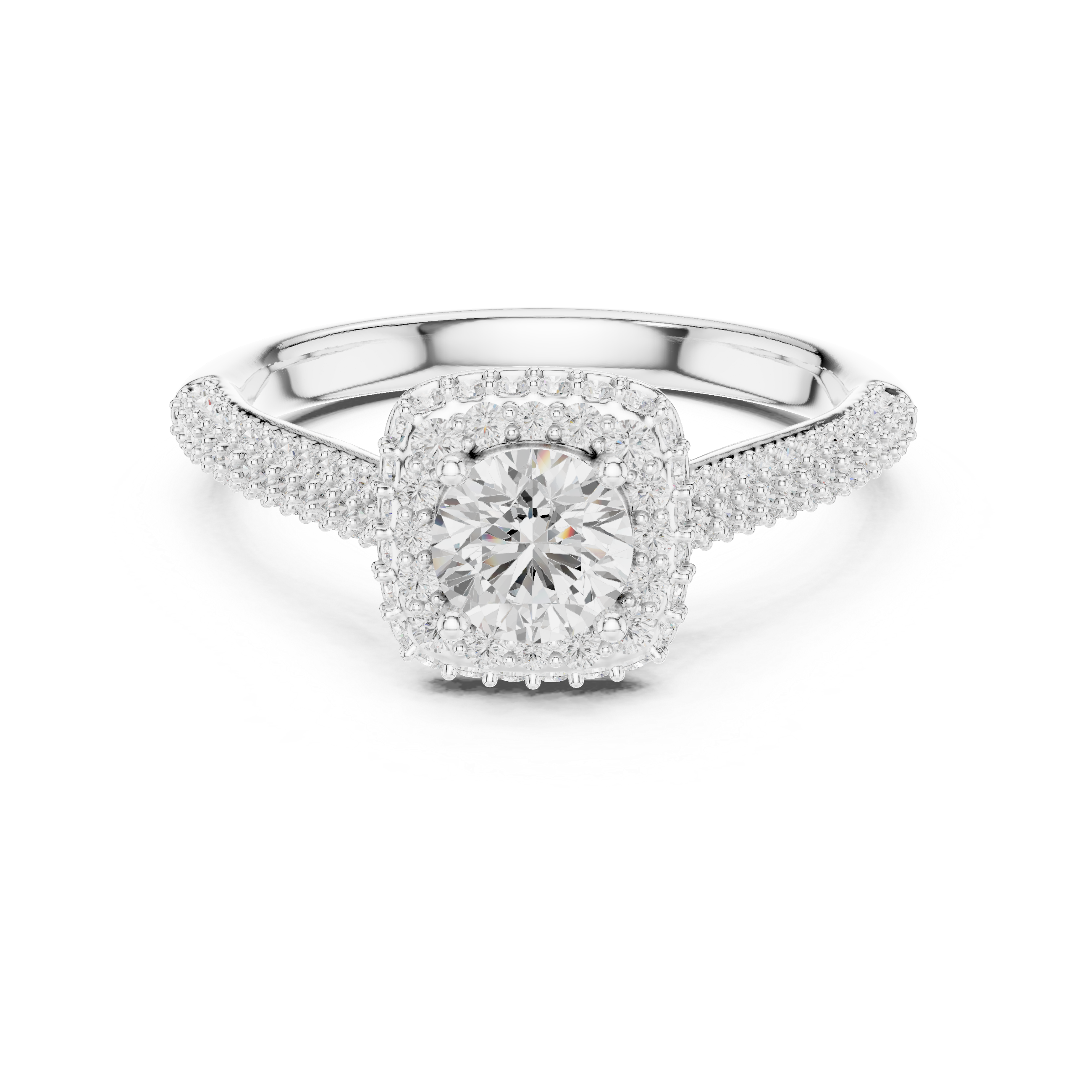 Double Pavé Halo Engagement Ring – Cushion Inspired Round Diamond Ring