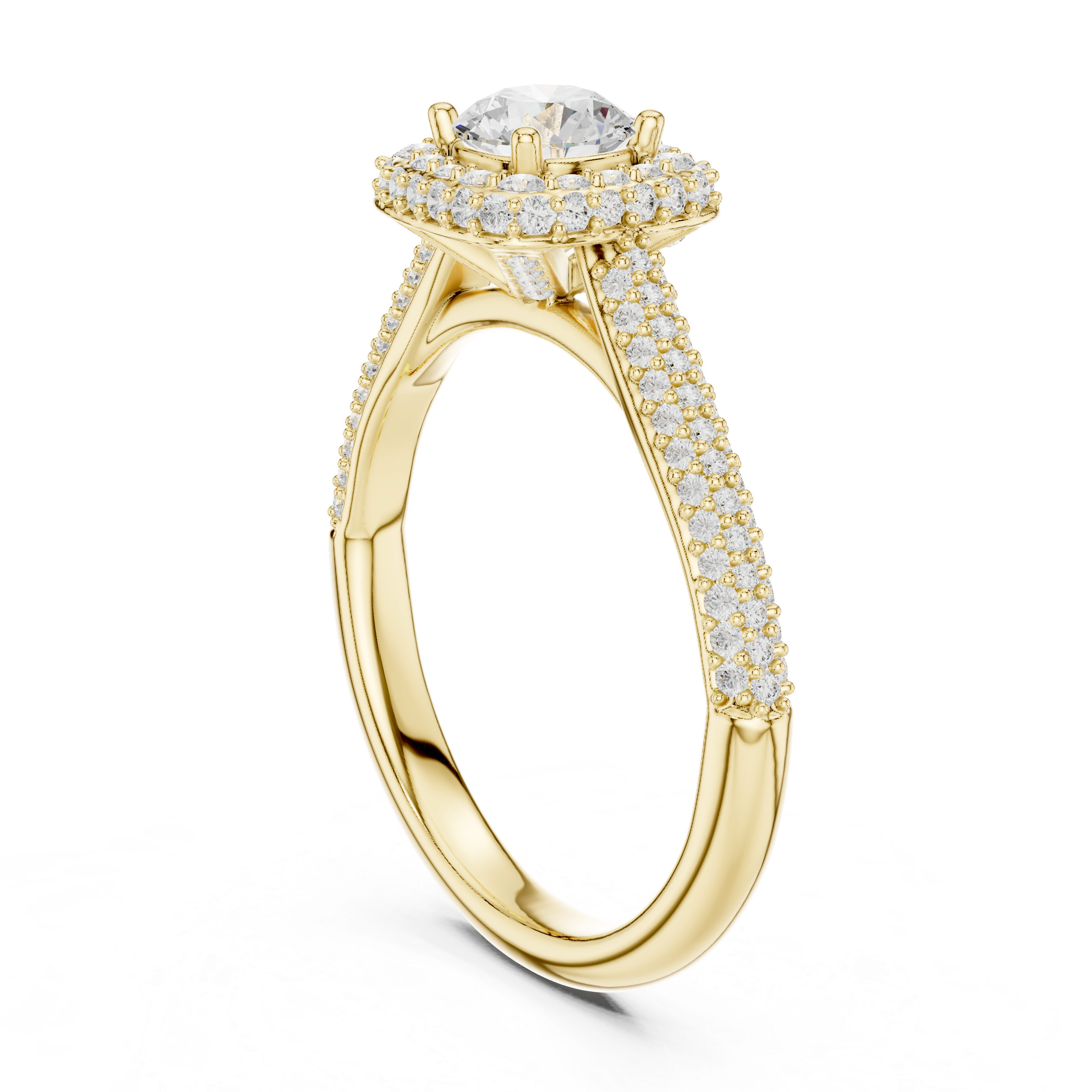 Double Pavé Halo Engagement Ring – Cushion Inspired Round Diamond Ring