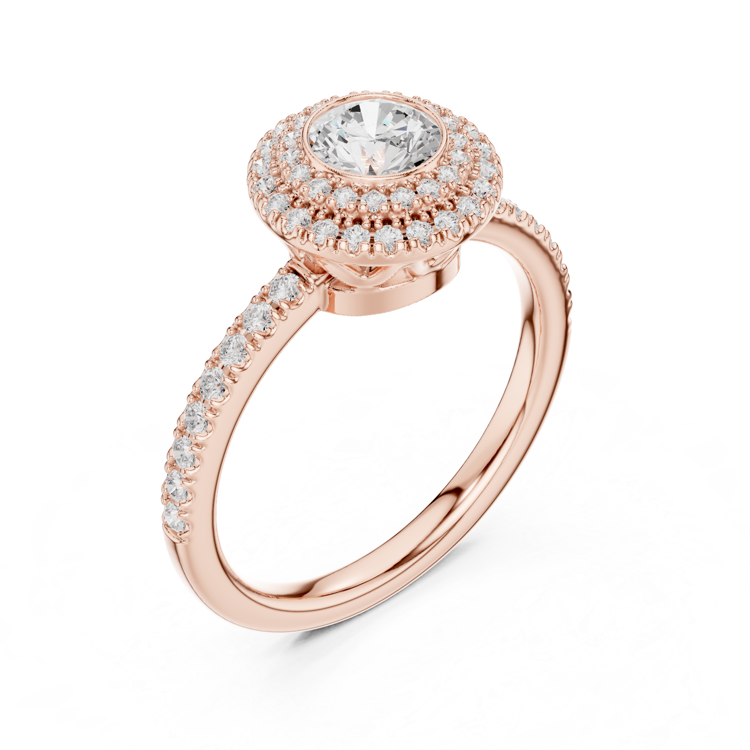 Vintage Double Halo Bezel Engagement Ring – Round Diamond Pavé Ring