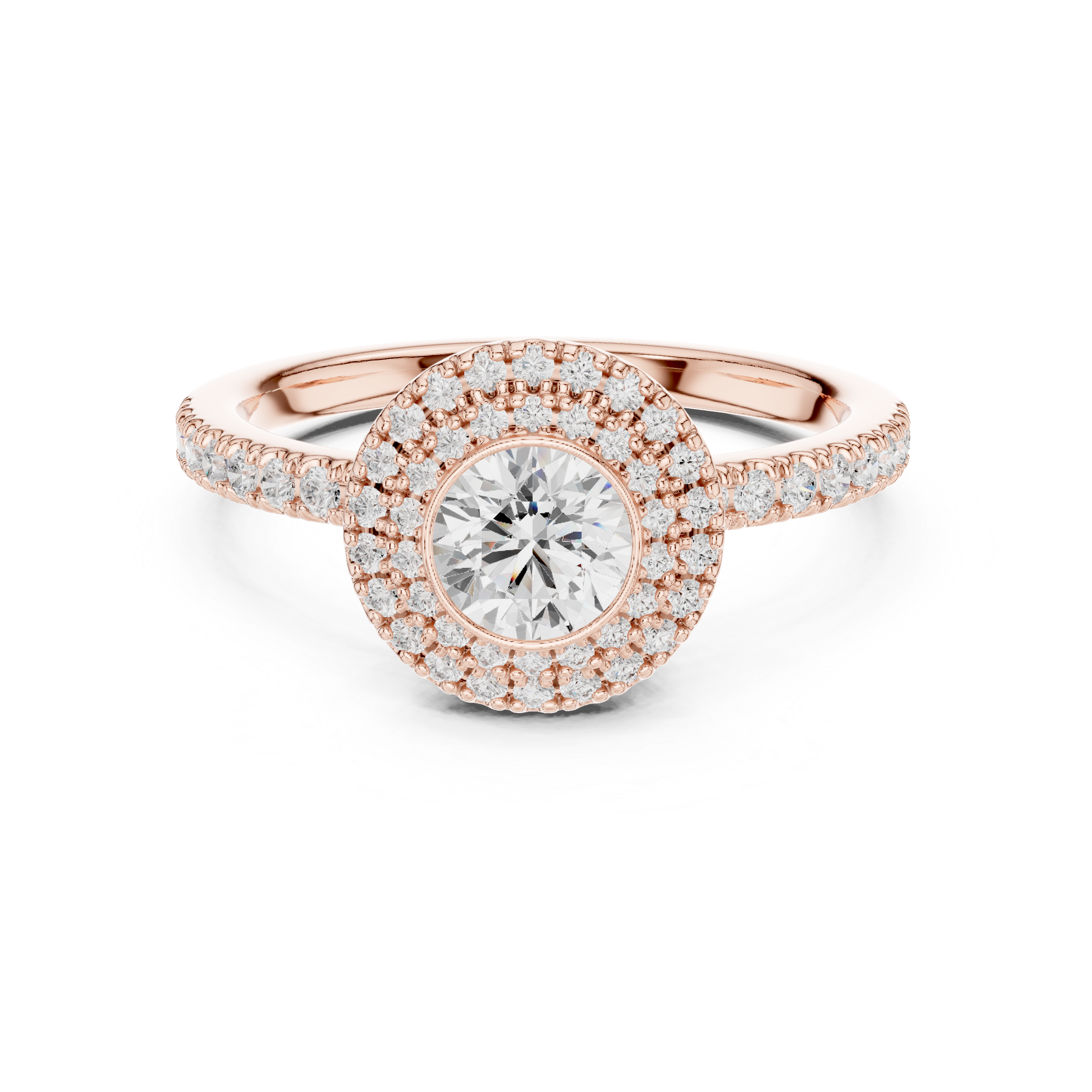 Vintage Double Halo Bezel Engagement Ring – Round Diamond Pavé Ring