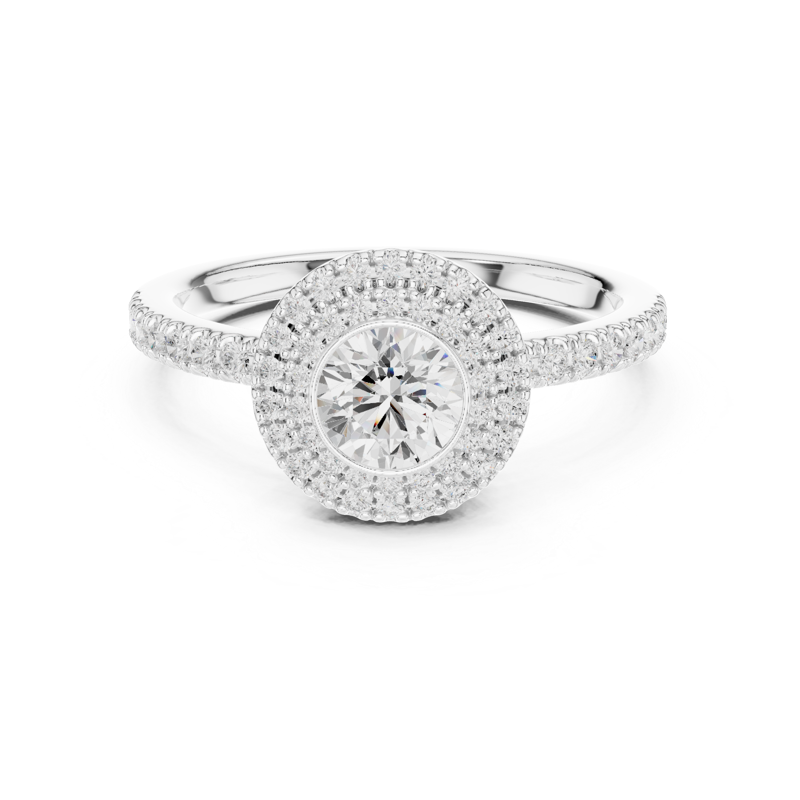 Vintage Double Halo Bezel Engagement Ring – Round Diamond Pavé Ring