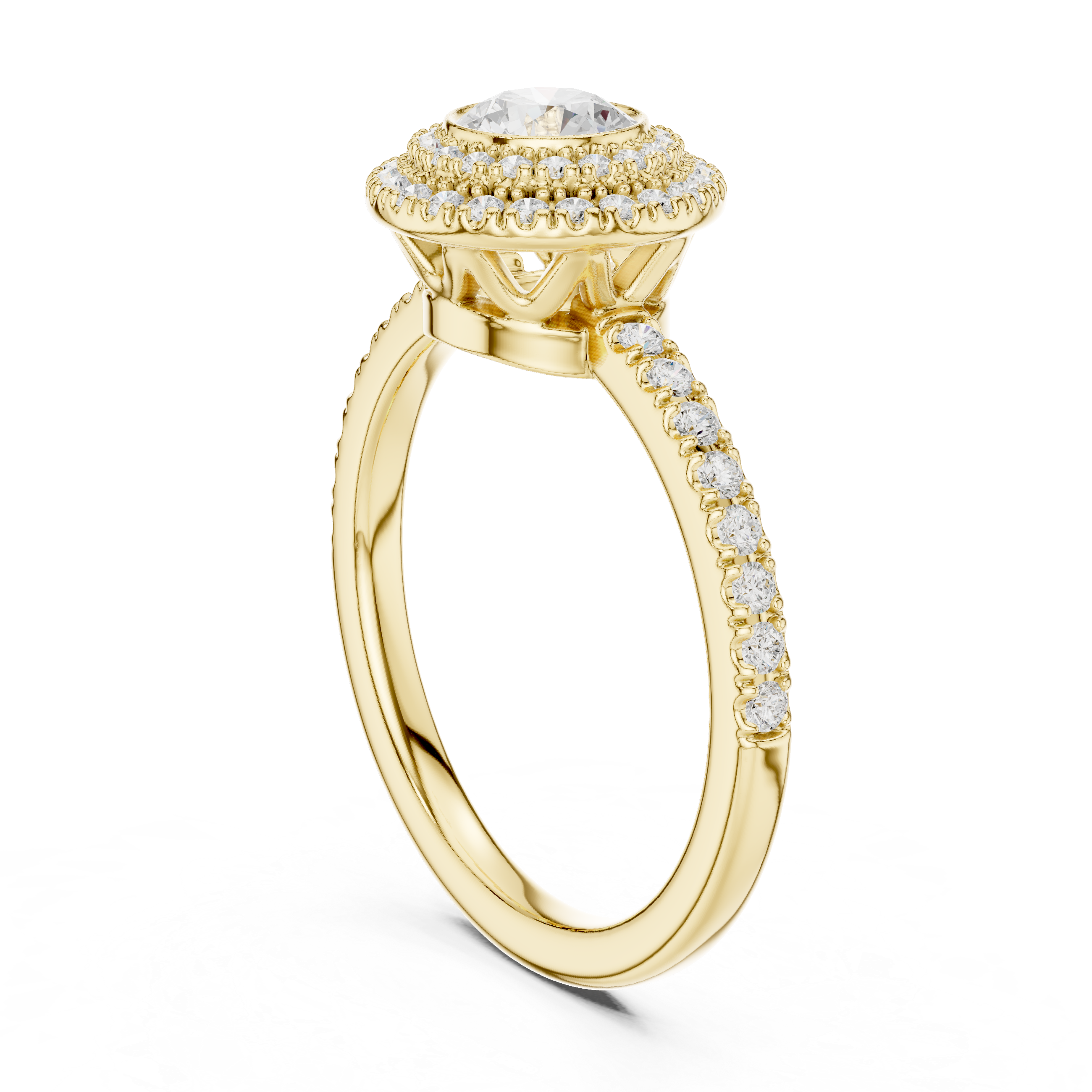 Vintage Double Halo Bezel Engagement Ring – Round Diamond Pavé Ring