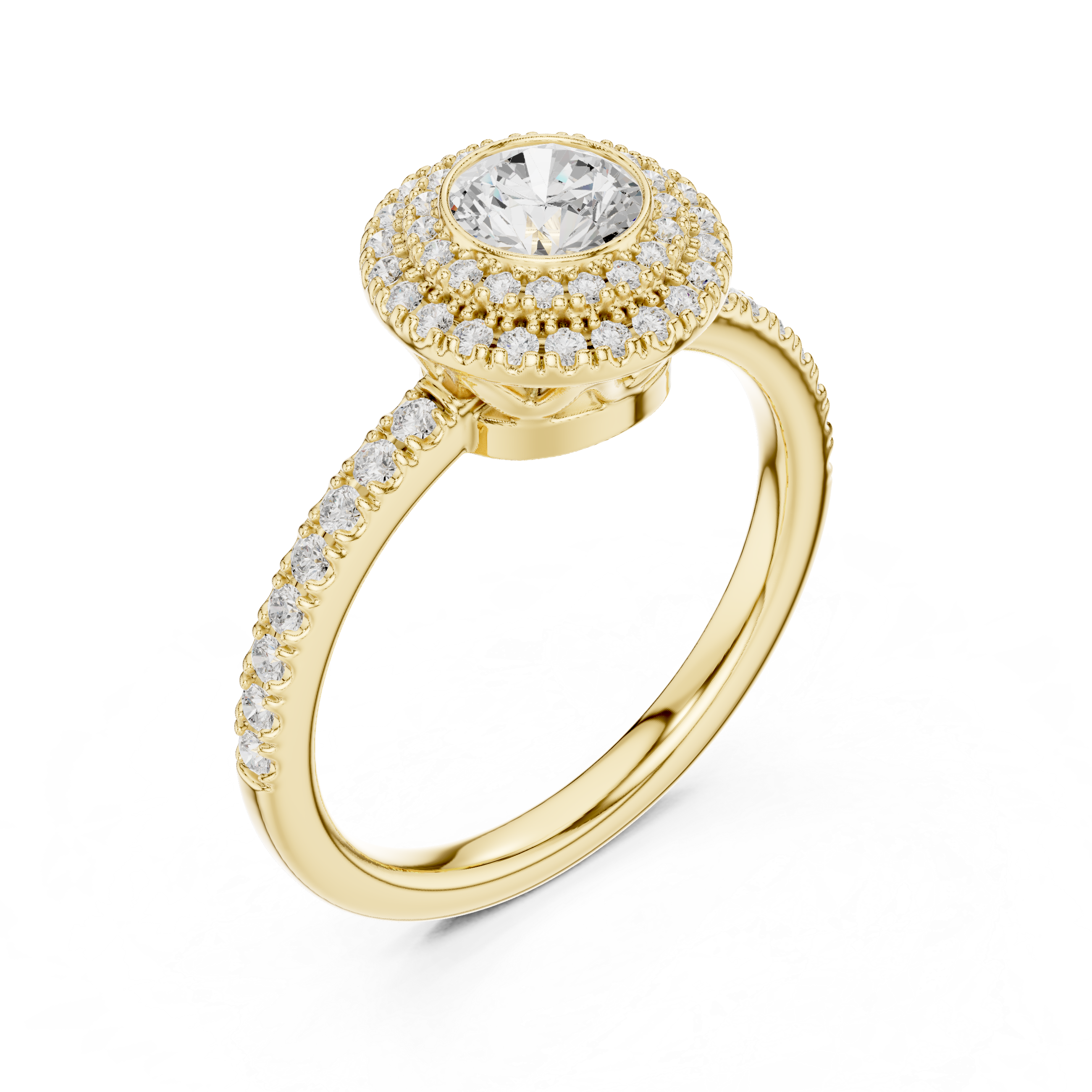 Vintage Double Halo Bezel Engagement Ring – Round Diamond Pavé Ring