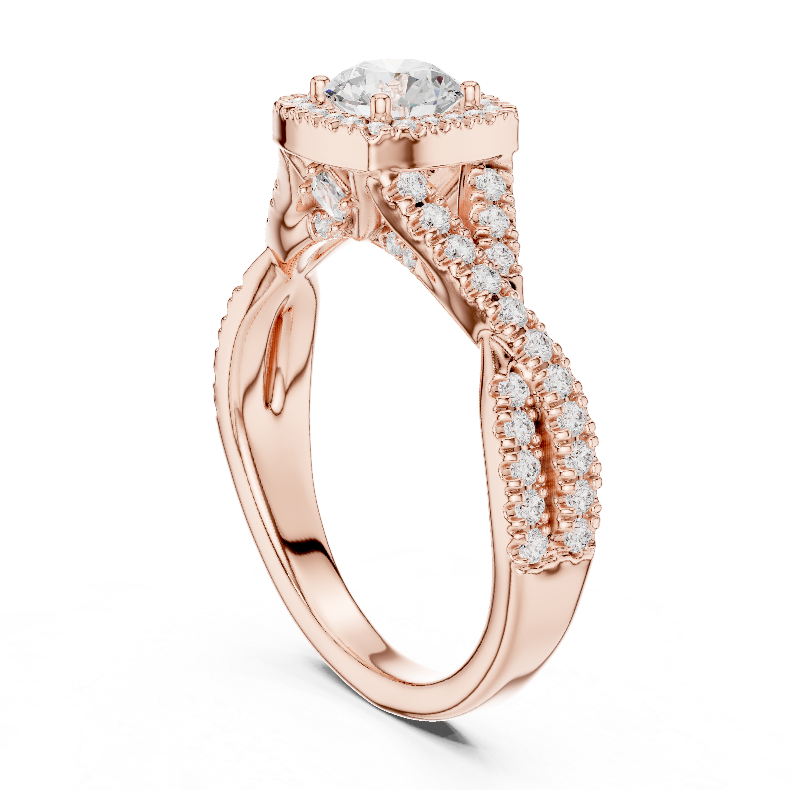 Twisted Split Shank Halo Engagement Ring – Round Diamond Bridal Ring