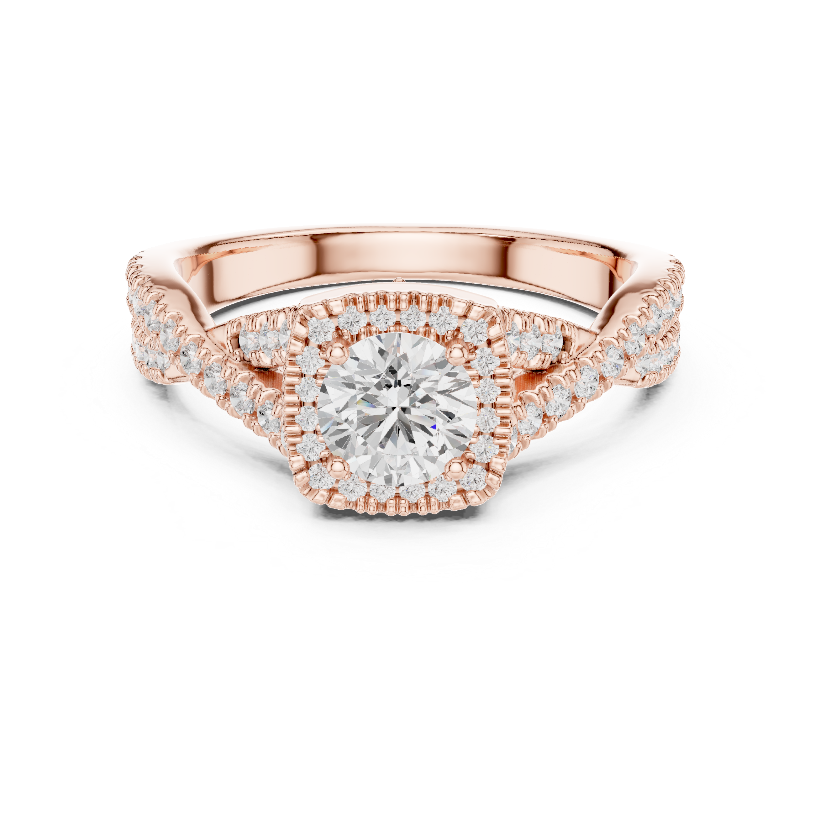 Twisted Split Shank Halo Engagement Ring – Round Diamond Bridal Ring
