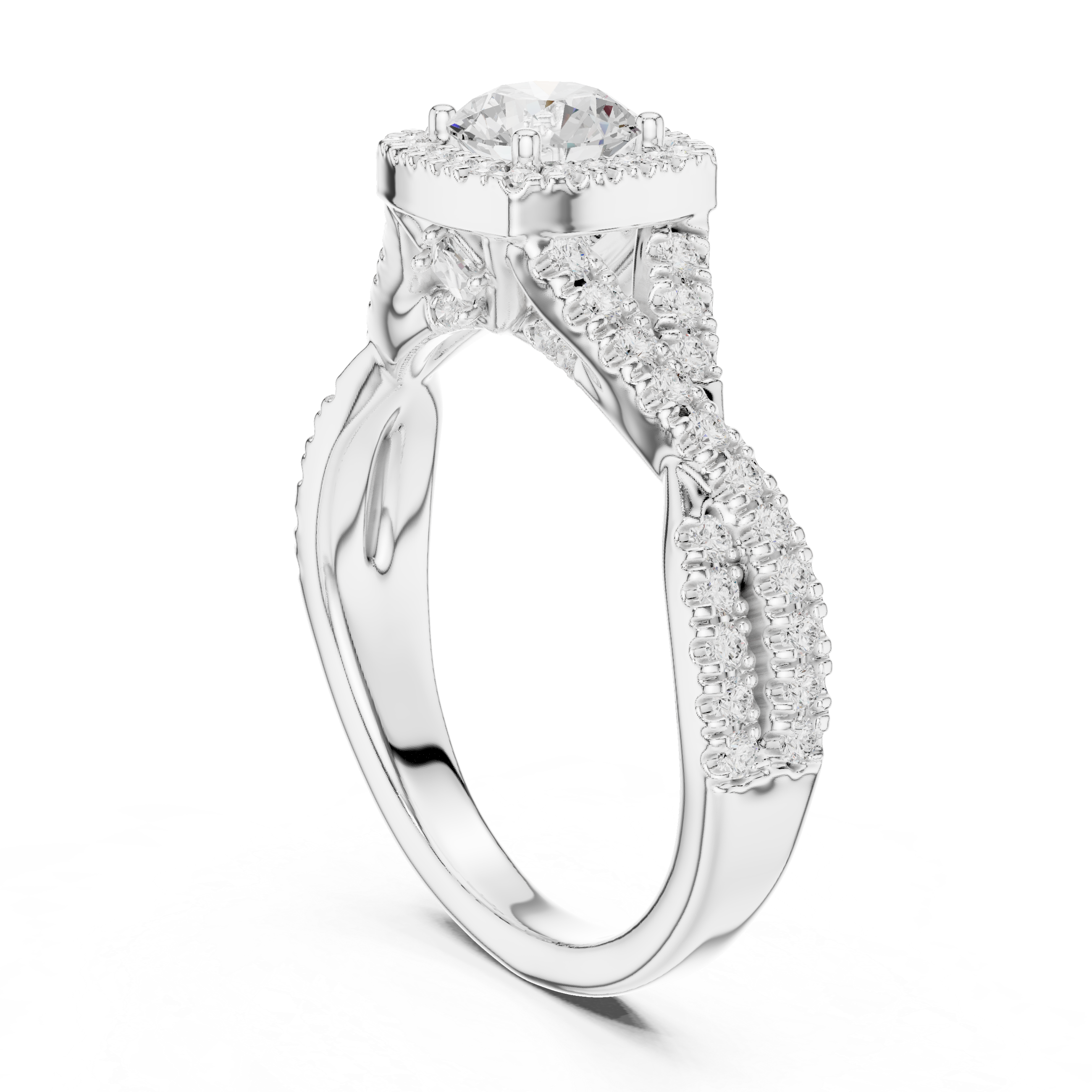 Twisted Split Shank Halo Engagement Ring – Round Diamond Bridal Ring