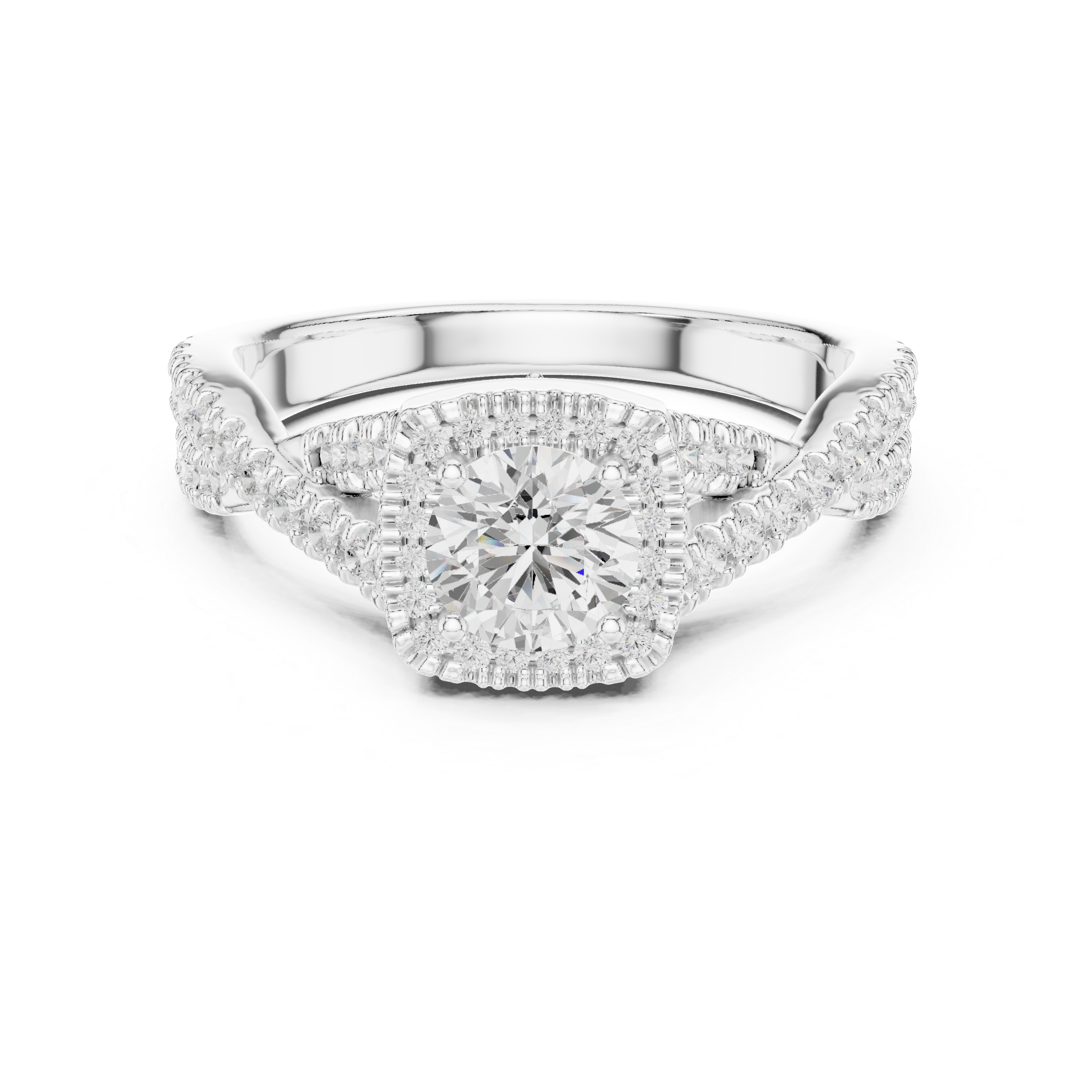 Twisted Split Shank Halo Engagement Ring – Round Diamond Bridal Ring