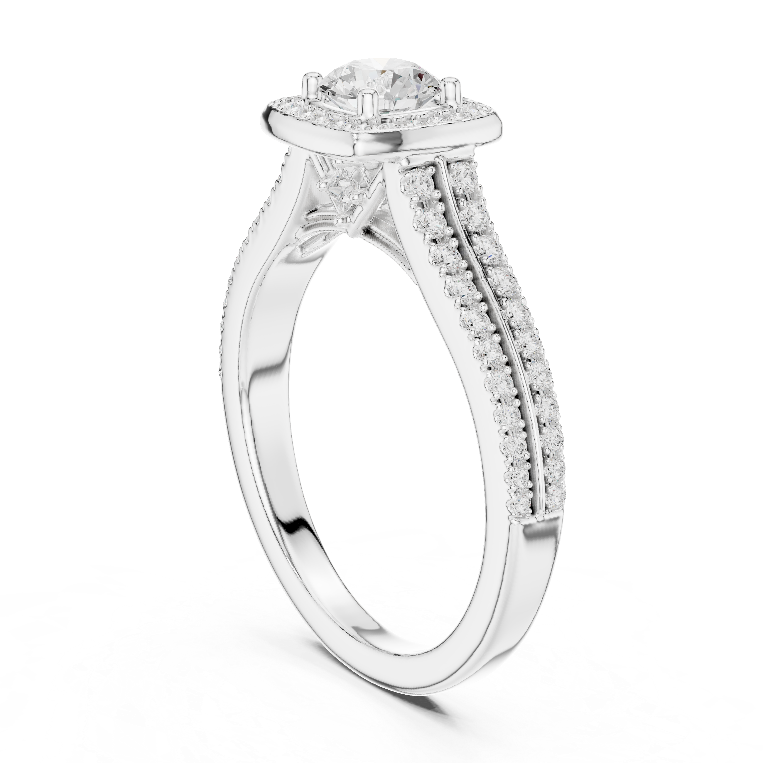 Cushion Halo Split Shank Engagement Ring – Double Row Pavé Diamond Bridal Ring