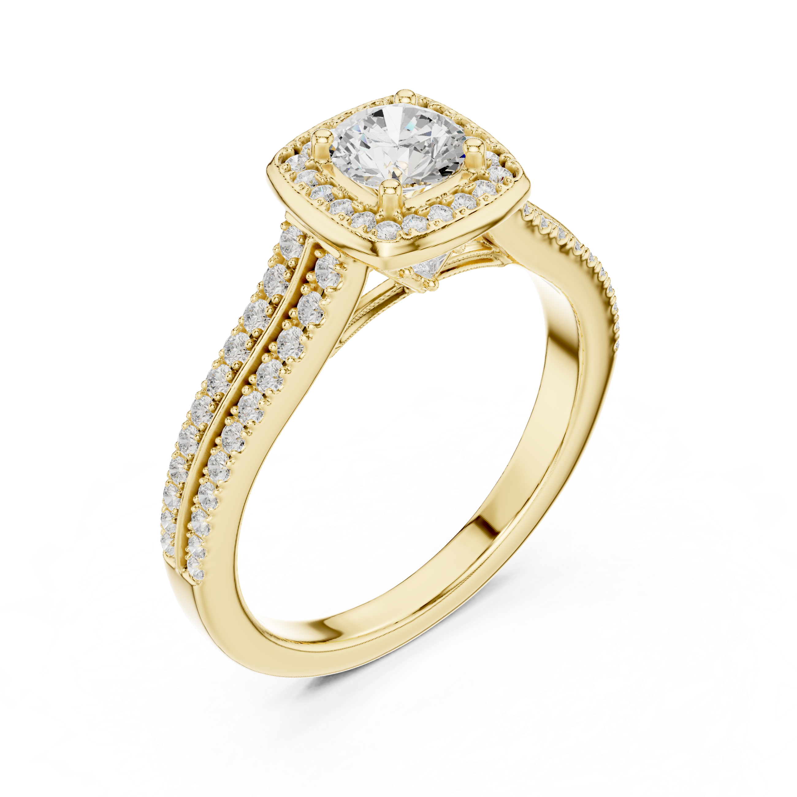 Cushion Halo Split Shank Engagement Ring – Double Row Pavé Diamond Bridal Ring