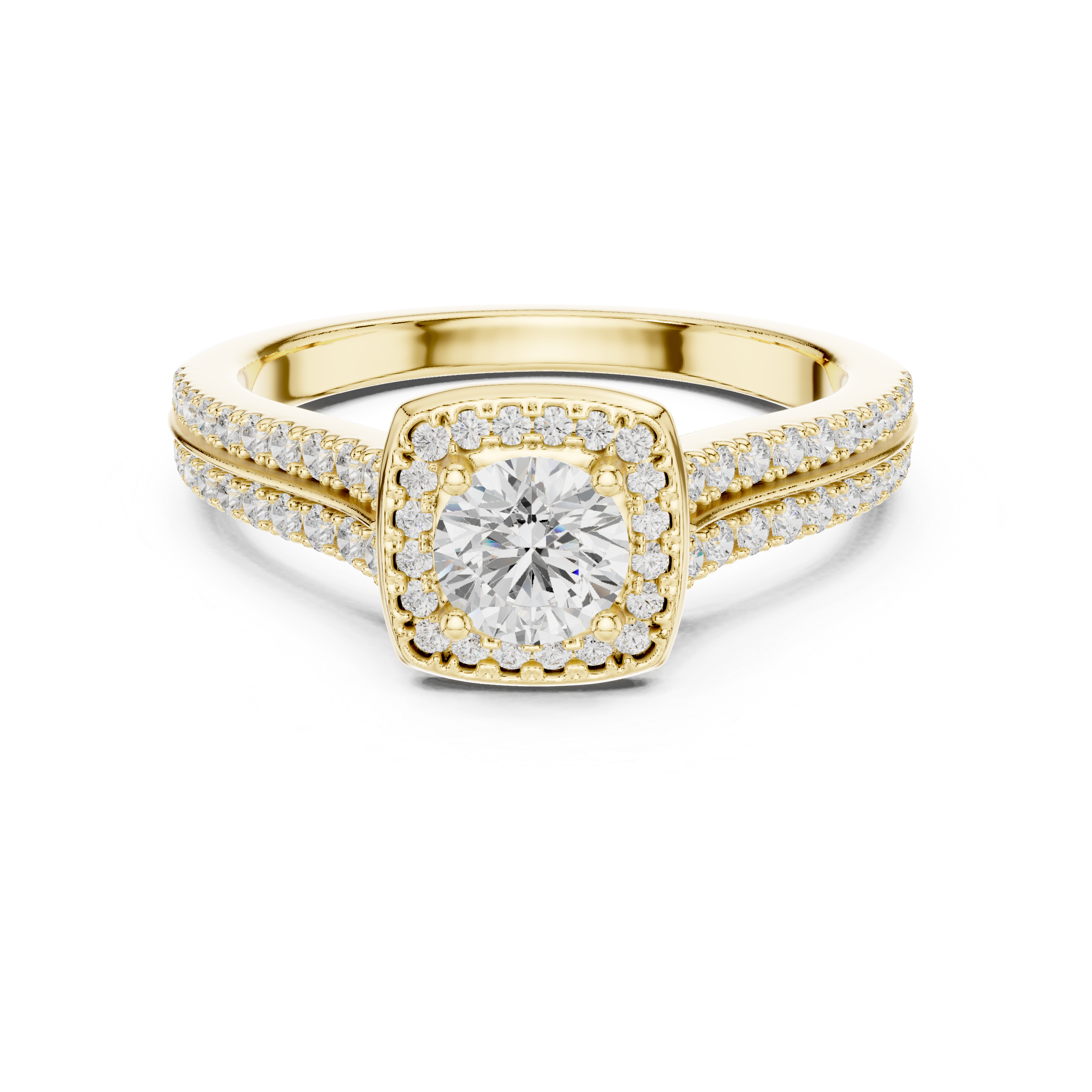 Cushion Halo Split Shank Engagement Ring – Double Row Pavé Diamond Bridal Ring