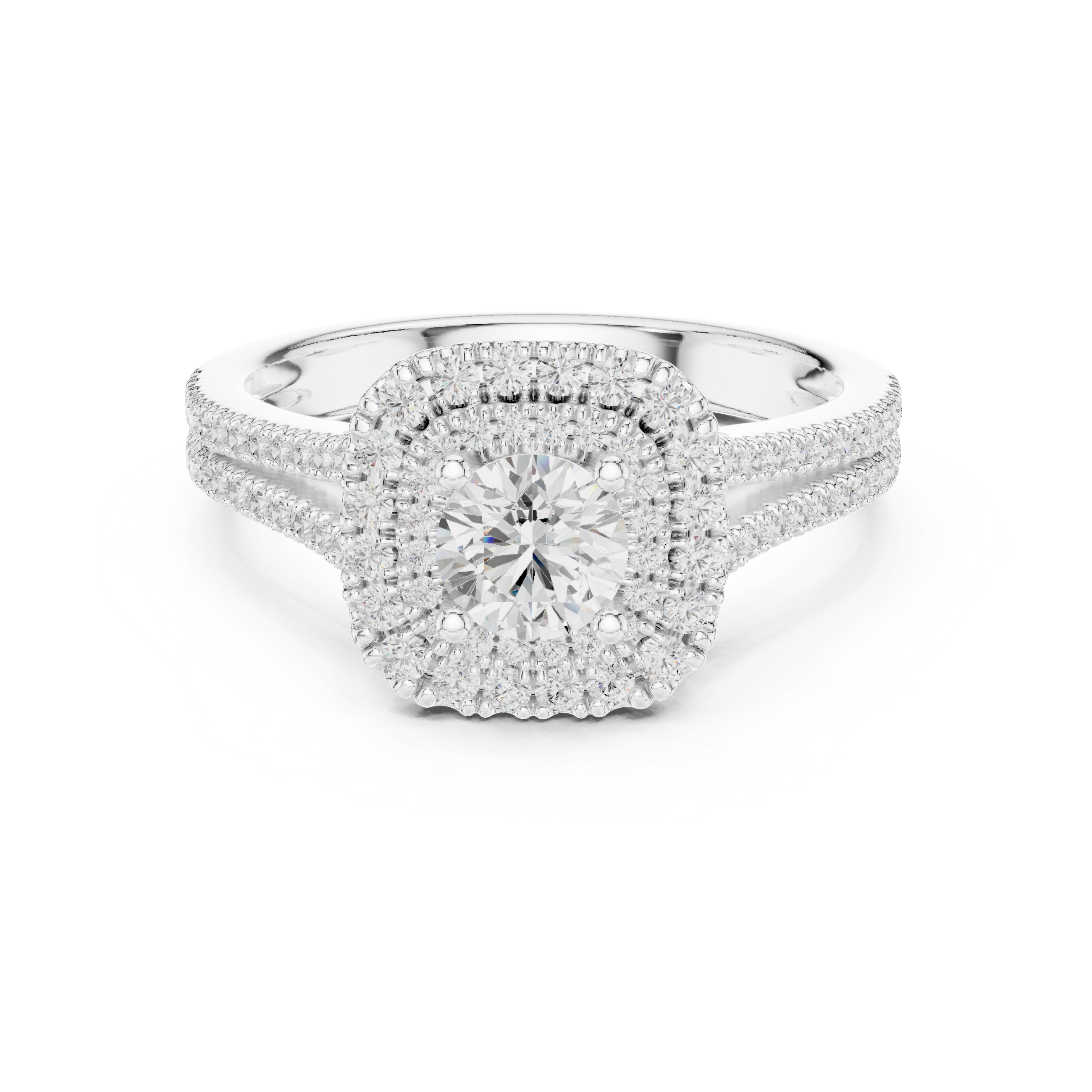 Cushion Halo Diamond Engagement Ring – Split Shank Pavé Bridal Ring