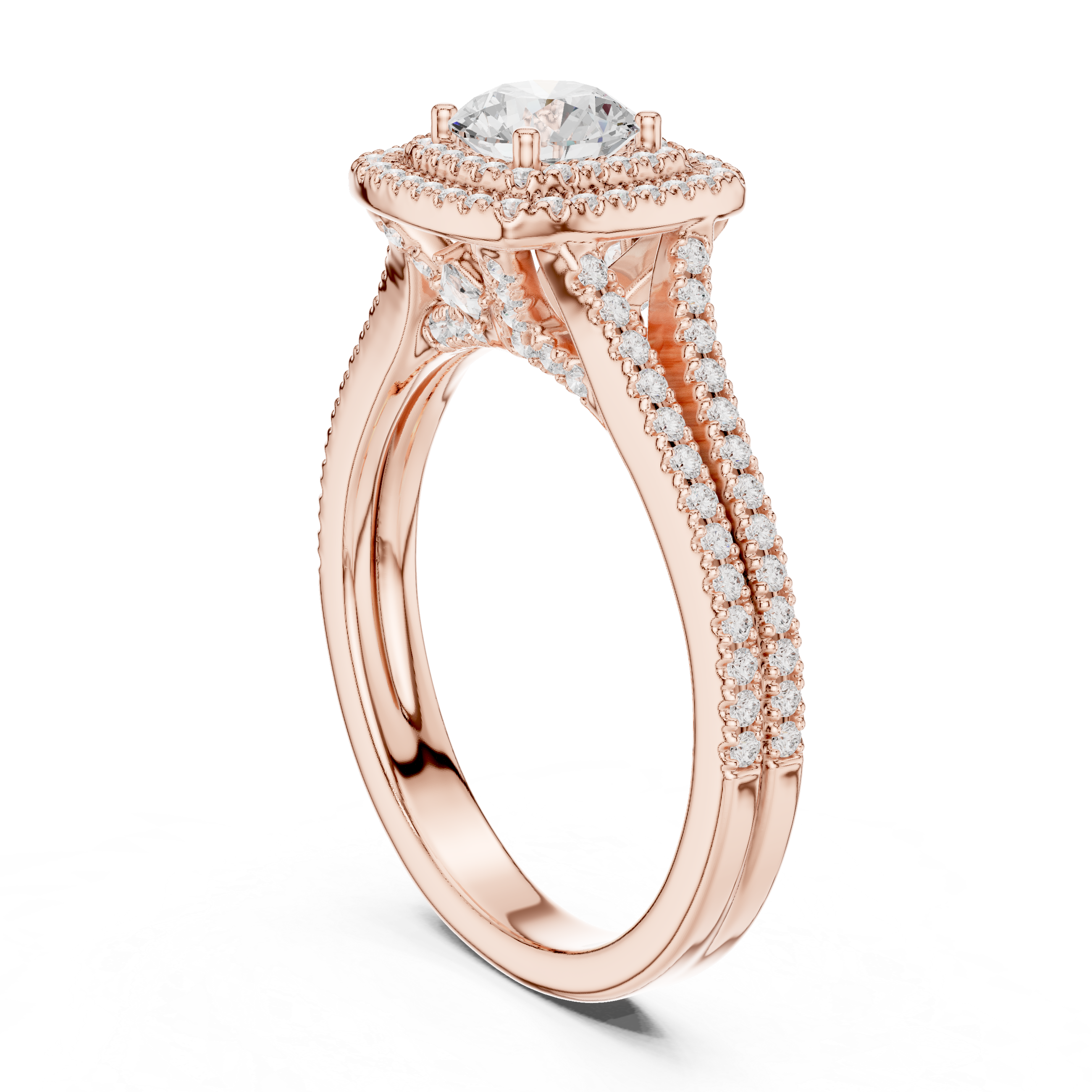 Square Double Halo Engagement Ring – Split Shank Diamond Bridal Ring