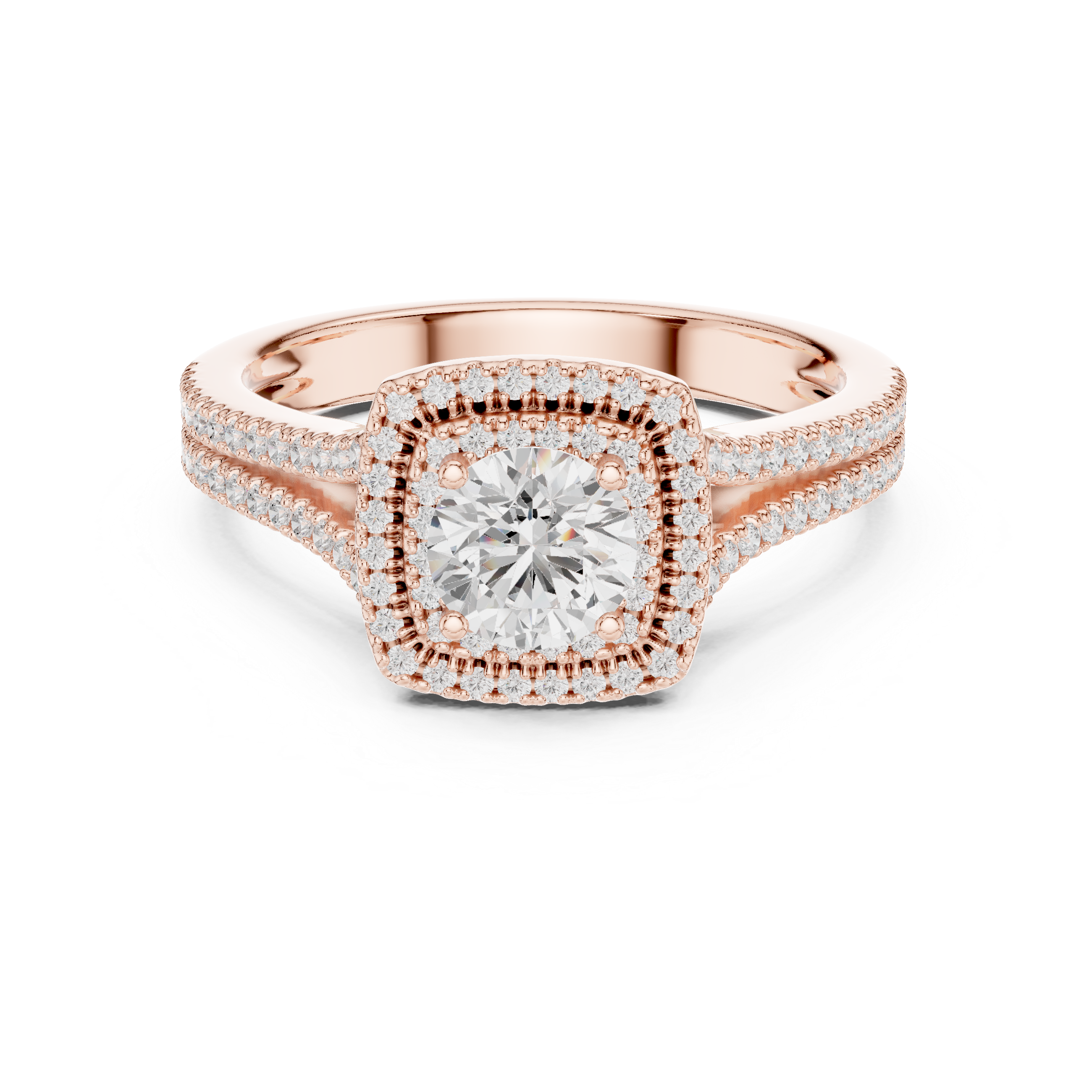 Square Double Halo Engagement Ring – Split Shank Diamond Bridal Ring