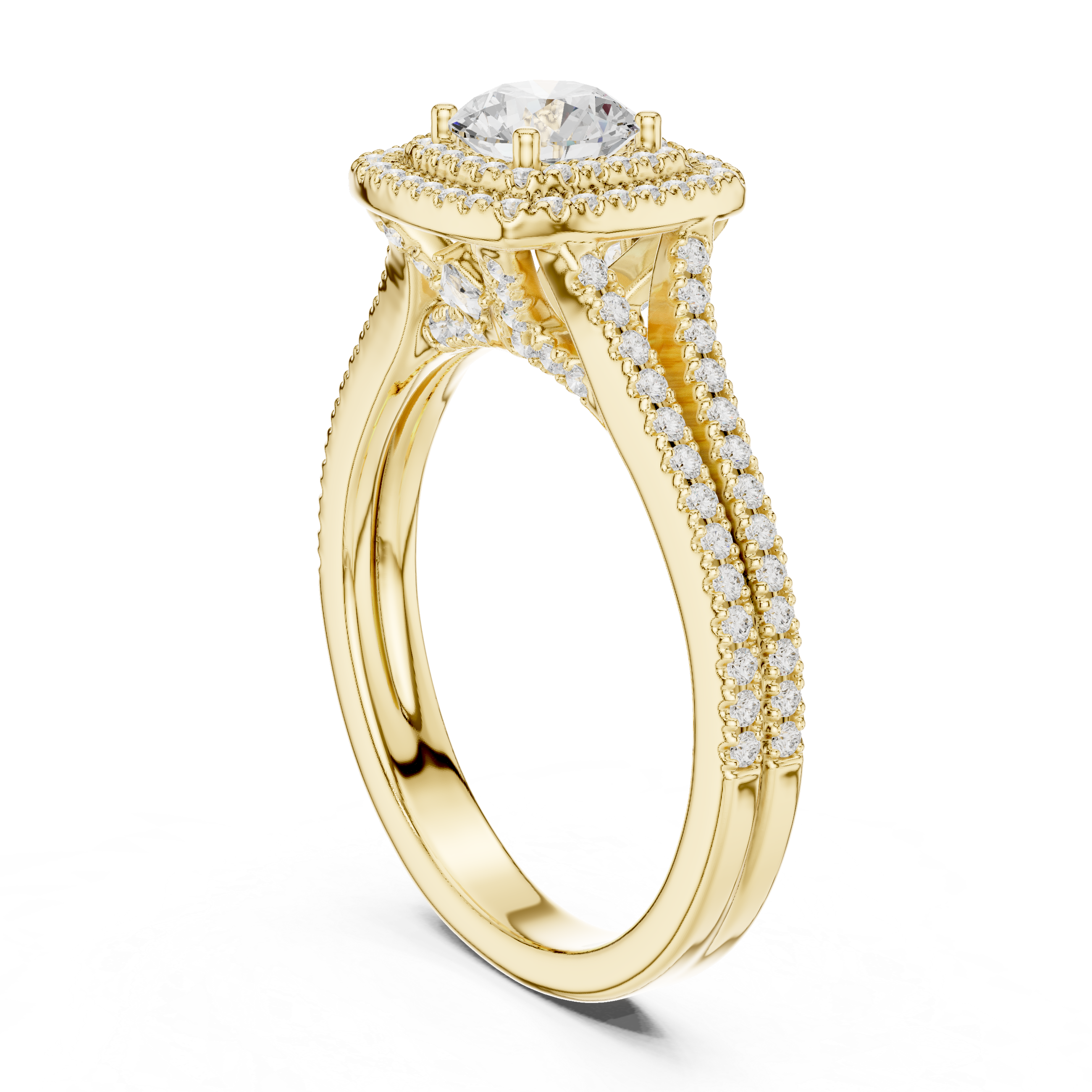 Square Double Halo Engagement Ring – Split Shank Diamond Bridal Ring